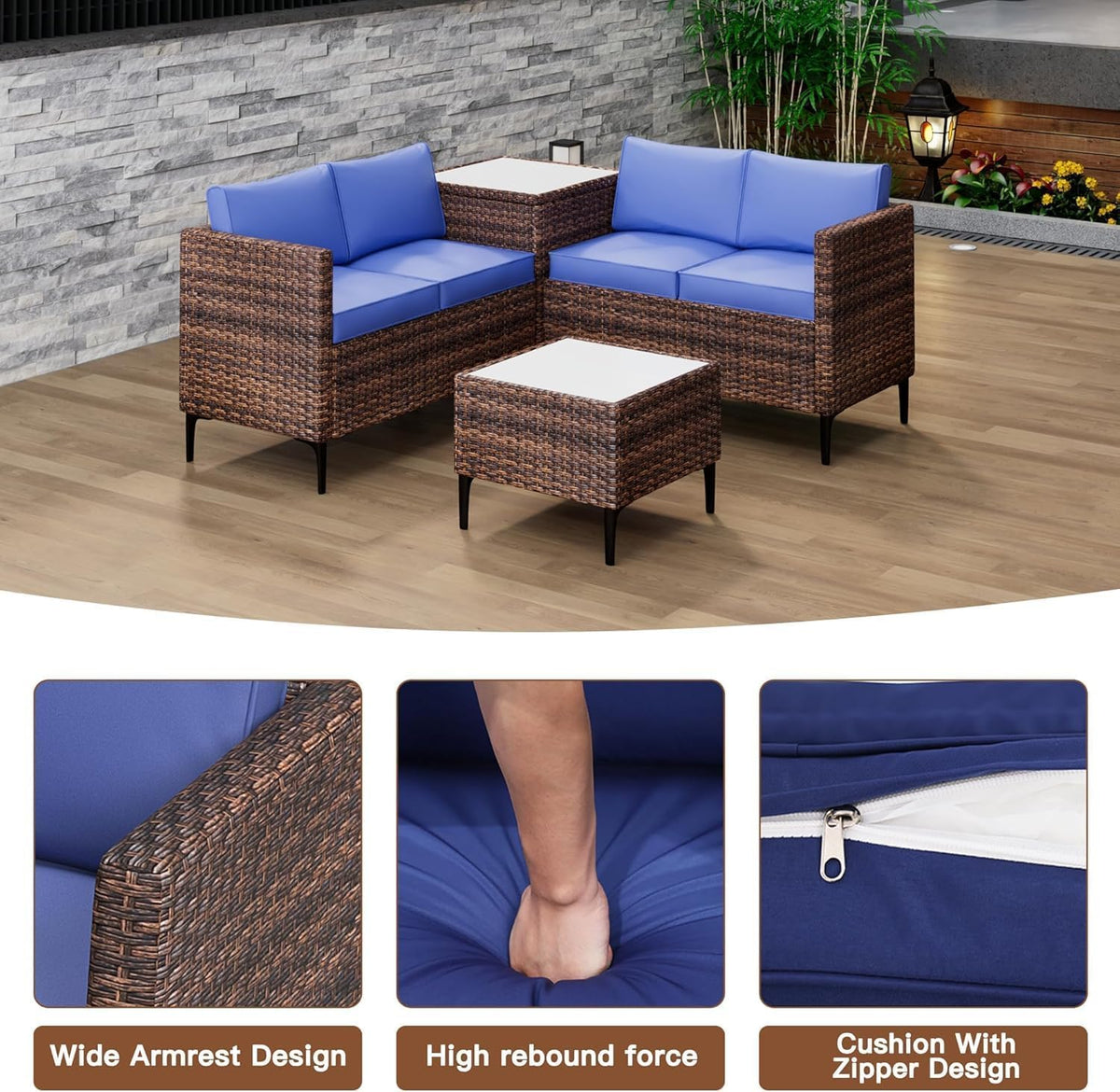 Outdoor Wicker Patio Conversation Set with Storage, PE Rattan Sofa