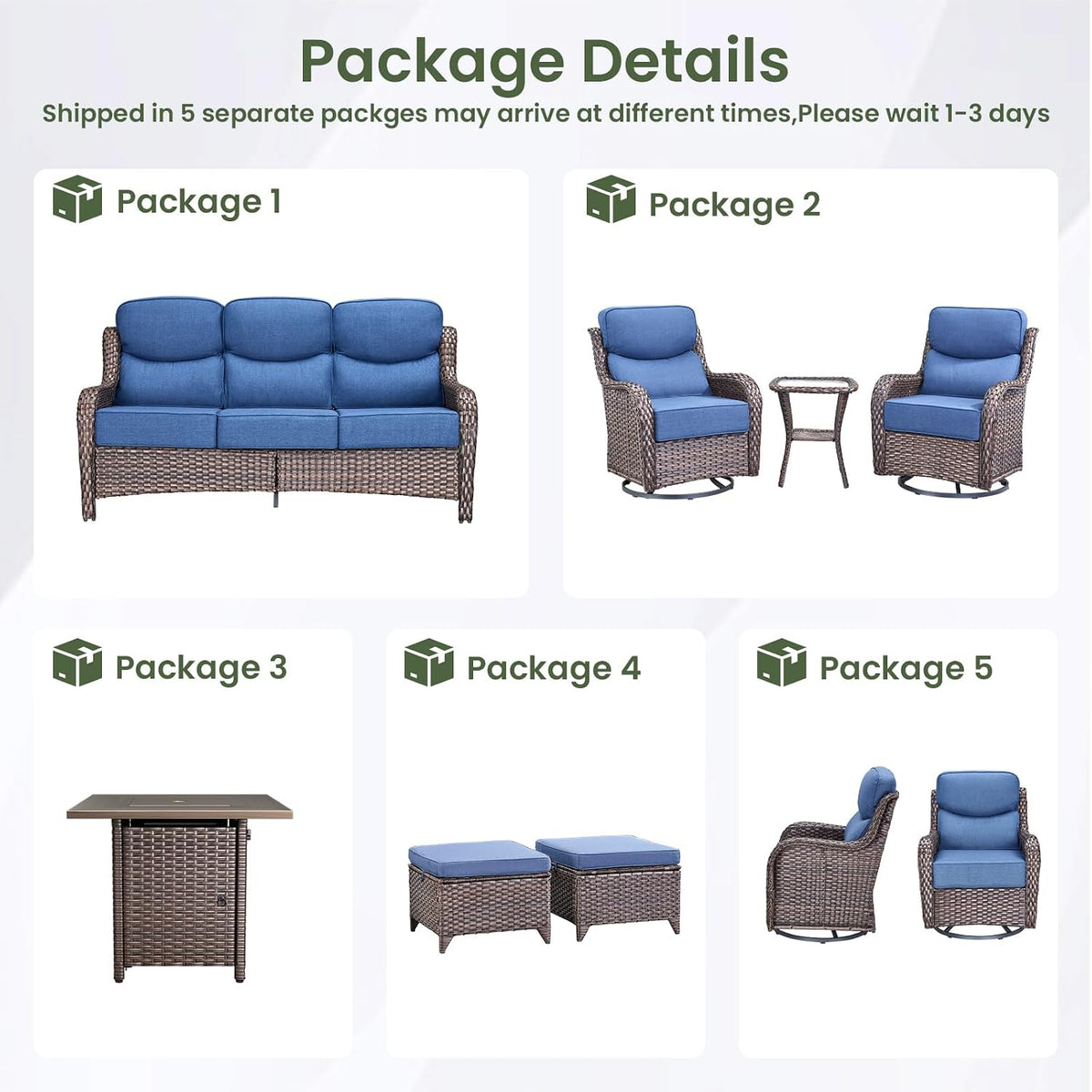 Luxury Patio Furniture Set with 6-Inch Thick Cushion, Outdoor Furniture with Fire Pit Table, Swivel Chairs, Sofa, Side Table, Ottomans, 9Pcs Wicker Conversation Set (Brown Wicker | Blue Cushion)