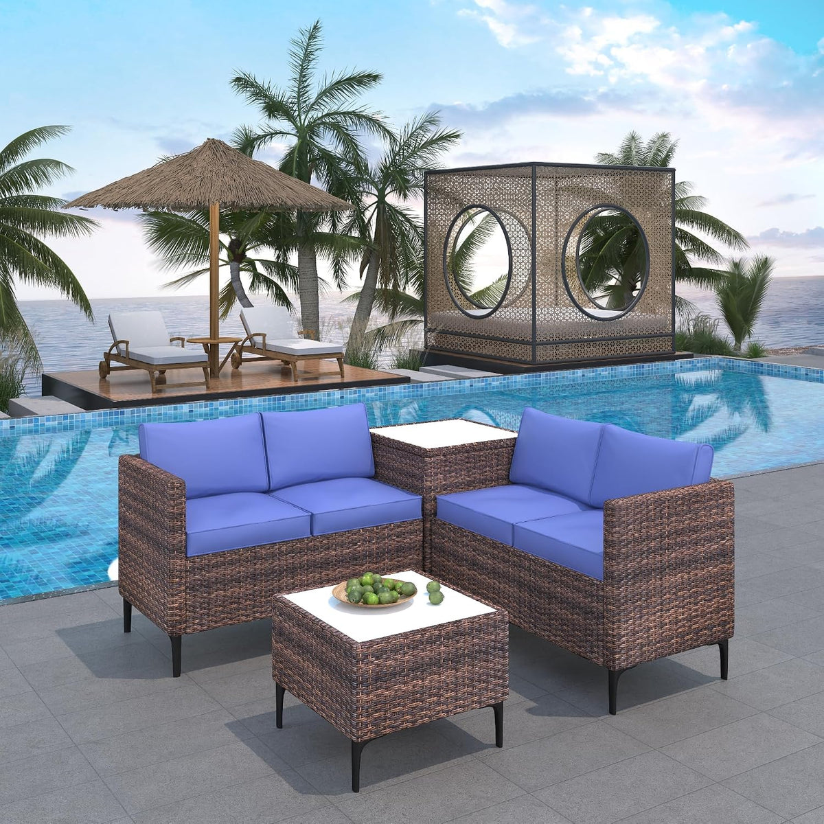 Outdoor Wicker Patio Conversation Set with Storage, PE Rattan Sofa