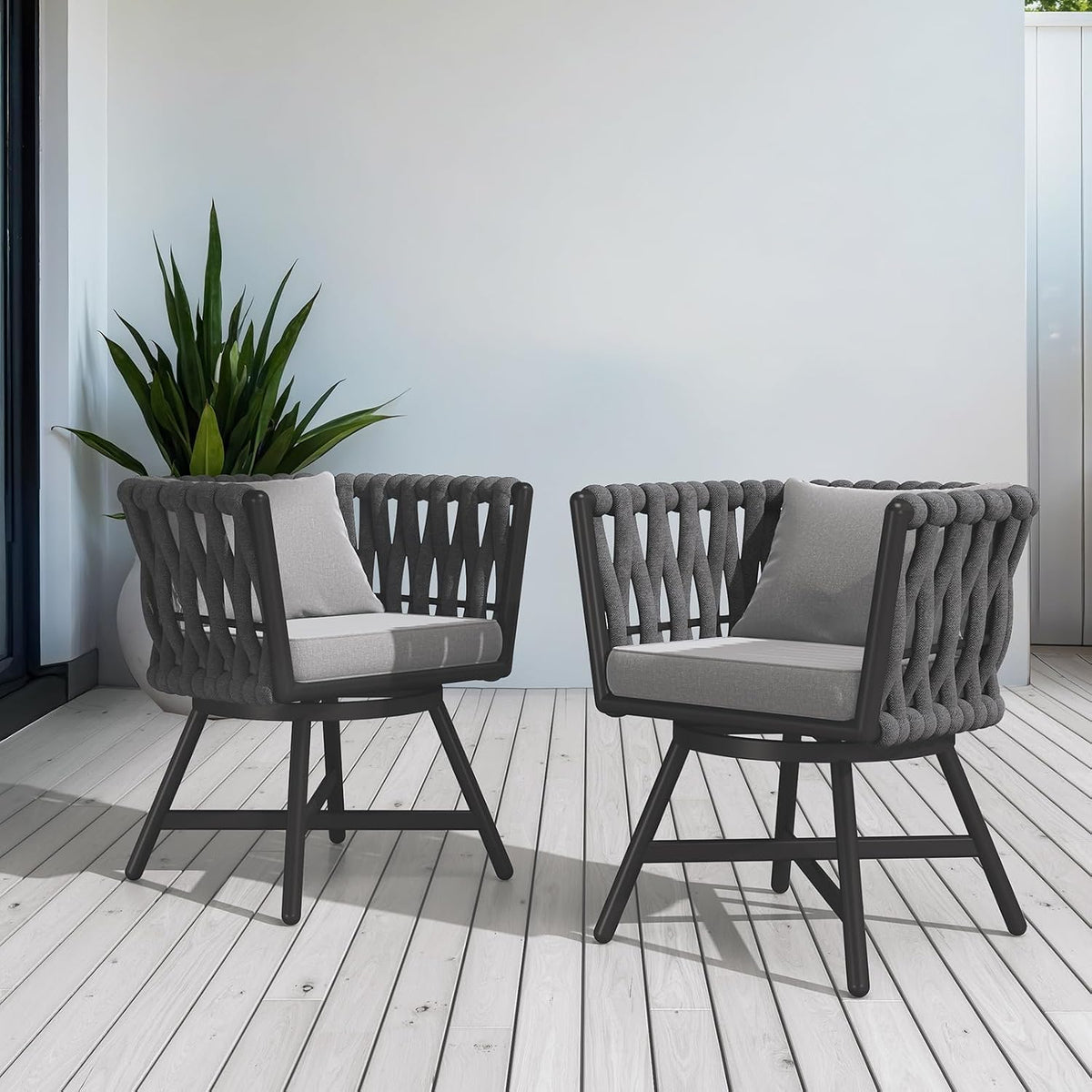 Swivel Dining Chairs Set of 2, Rope Patio Outdoor Chairs with Cushions, Heavy Duty Outdoor Patio Bistro Chairs for Lawn,Garden,Deck,Backyard,Porch and Balcony, Light Gray