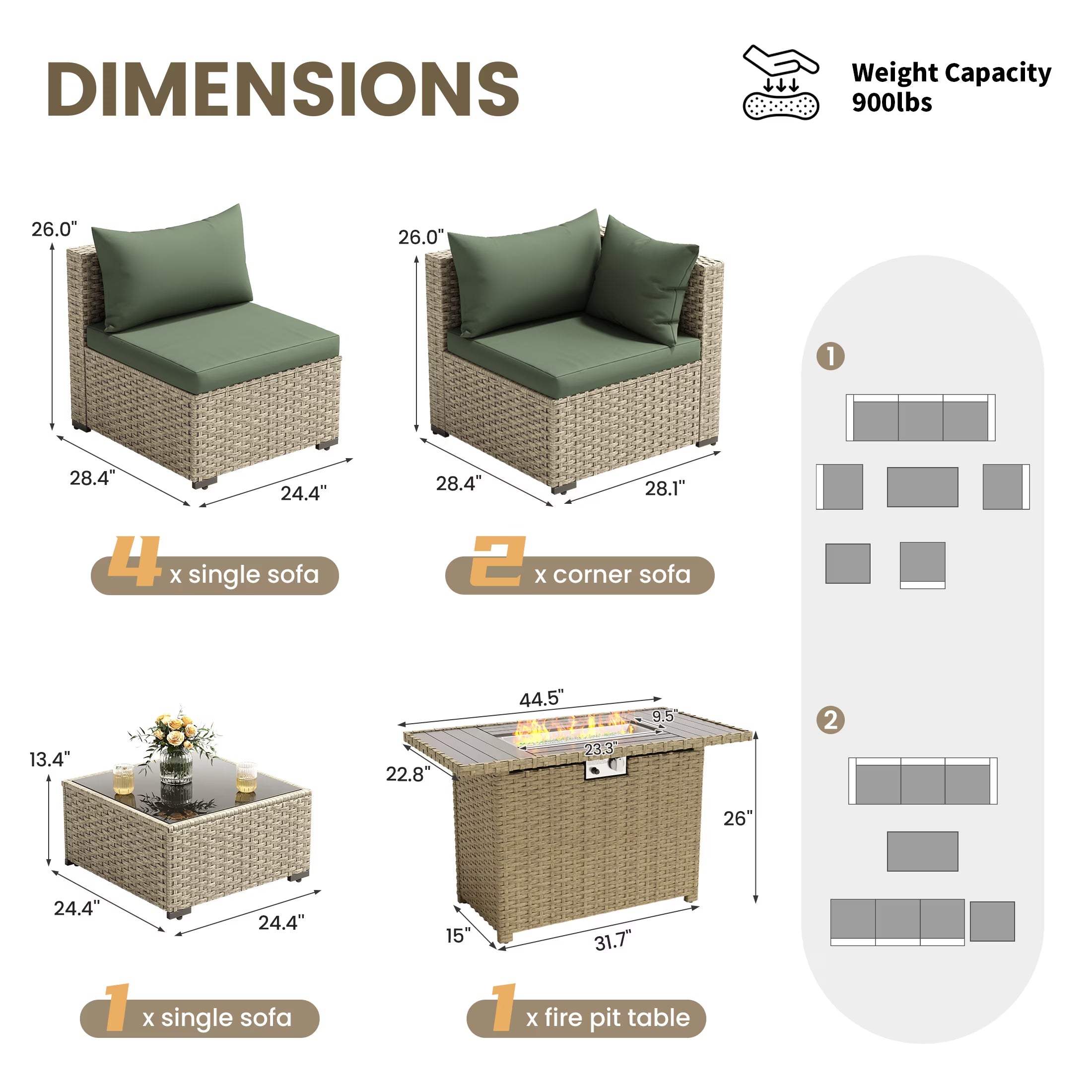 Outdoor Patio Furniture Set with Fire Pit Table, 8 Piece Outdoor Sectional Sofas, All-Weather Wicker Patio Conversation Set for Garden, Green