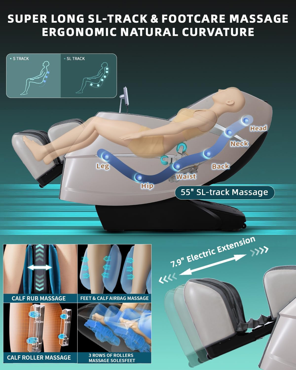 Massage Chair 4D Full Body Zero Gravity 55" Long Sl-Track,Grey