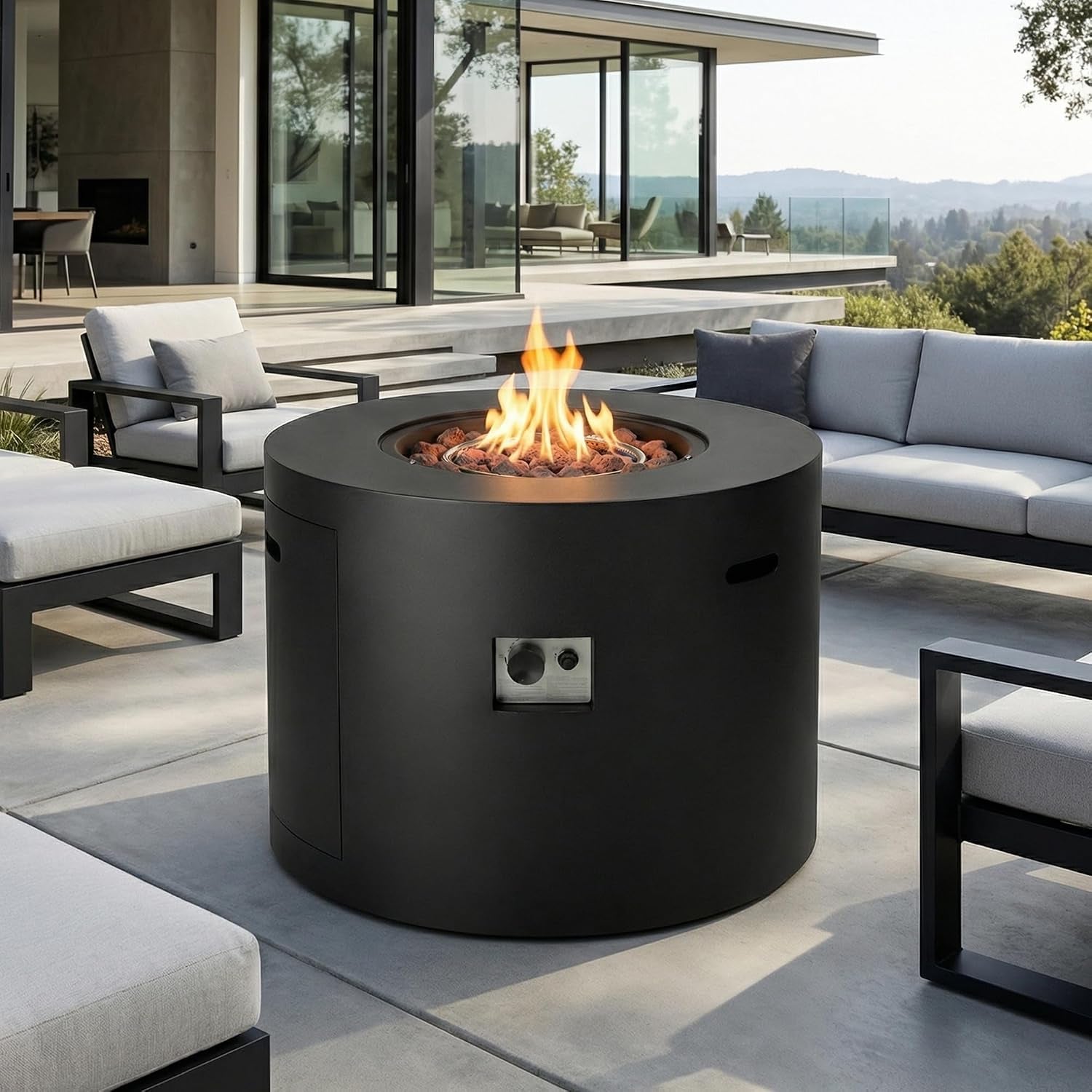 32" Propane Fire Pit Table round Smokeless W/Lid Alloy Steel Outdoor Gas Firepit Table 50,000 Btus Includes Lava Rocks and Weatherproof Cover for Wooden Deck Backyard and Pool (Black)