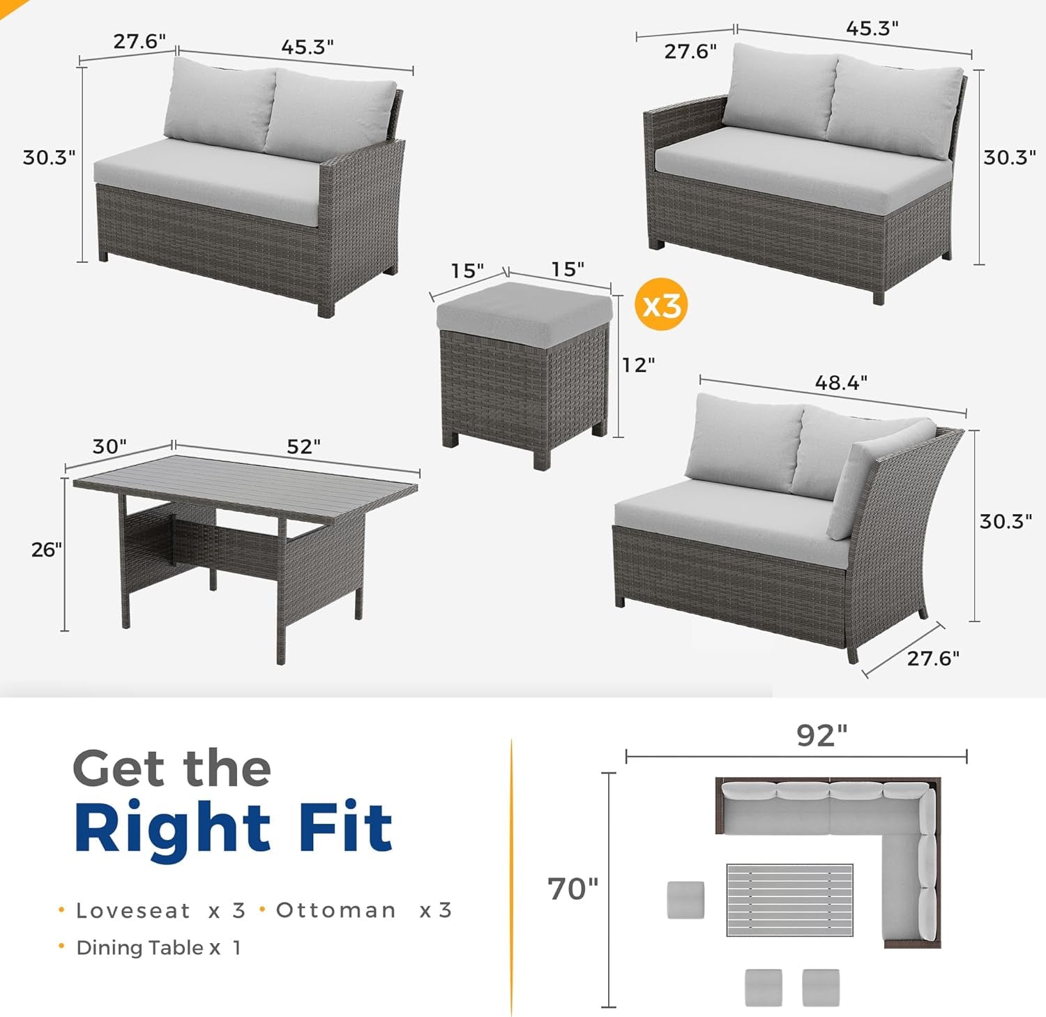 7 Piece Patio Furniture Set, Patio Sectional for All Weather