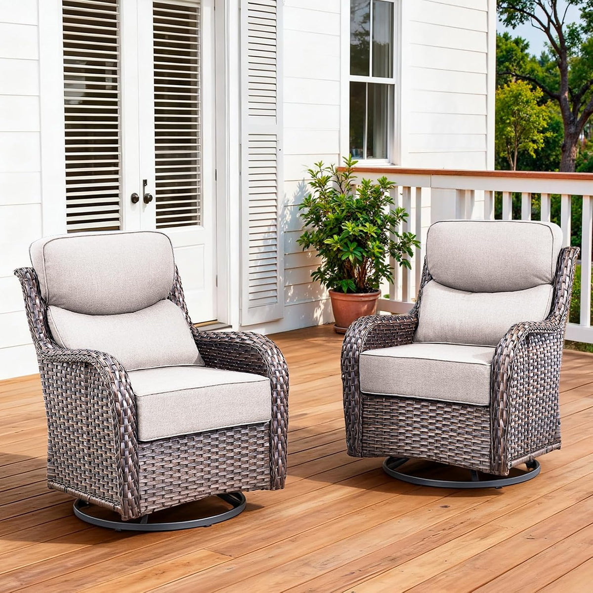 Luxury Outdoor Swivel Rocker Patio Chairs Set of 2 with 6-Inch Thick Cushions, High Back Swivel Patio Chairs Wicker Outdoor Gliders for Porch, Yard, Deck, Poolside, Brown/Beige