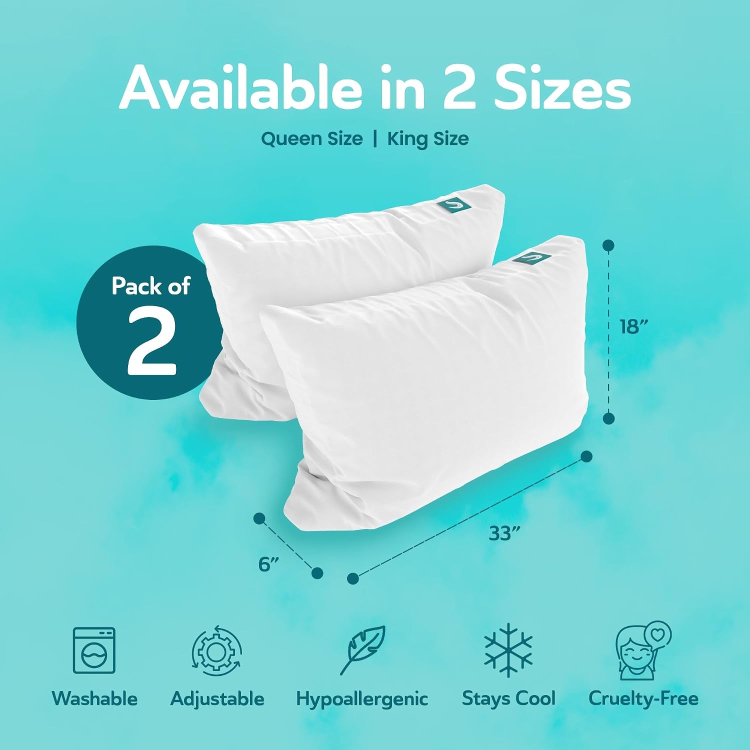 2-Pack Cooling Bed Pillows & Removable Cover for Sleeping Sets, King Size - Adjustable and Washable Bedding Pillow Set for Comfortable Sleep