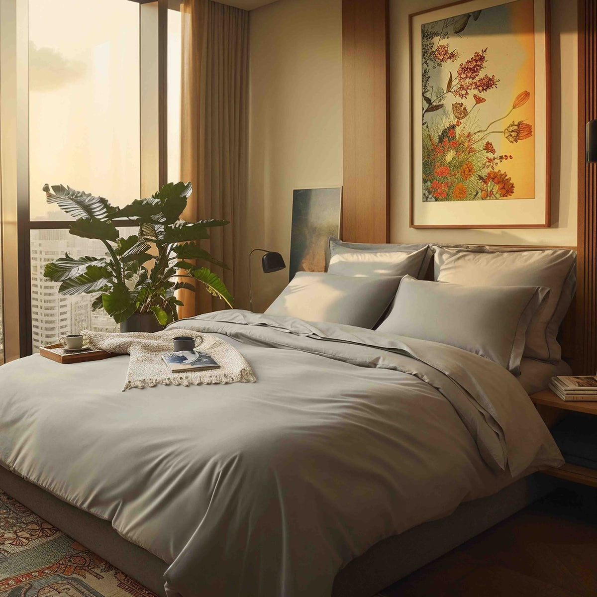 Full bedroom scene with grey duvet cover, pillows, plant, and sunlight