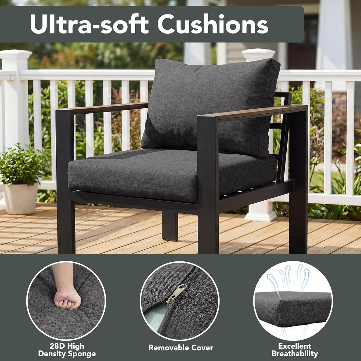 Patio Furniture Set 5 Seats and Coffee Table, Patio Conversation Set with Washable Thick Cushions, Deluxe Aluminum Modern outside Sectional for Porch, Balcony, Deck, Yard, Dark Gray