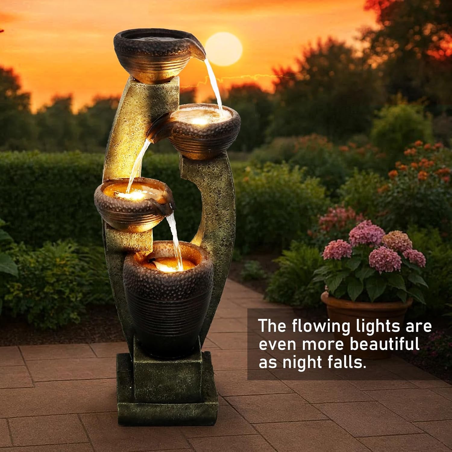 40” H Modern Outdoor Fountain - 4 Crocks Outdoor Garden Fountains with Contemporary Design&Led Light for Garden, Patio, Deck, Porch, Backyard and Home Art Decor (40In, Light Gray)