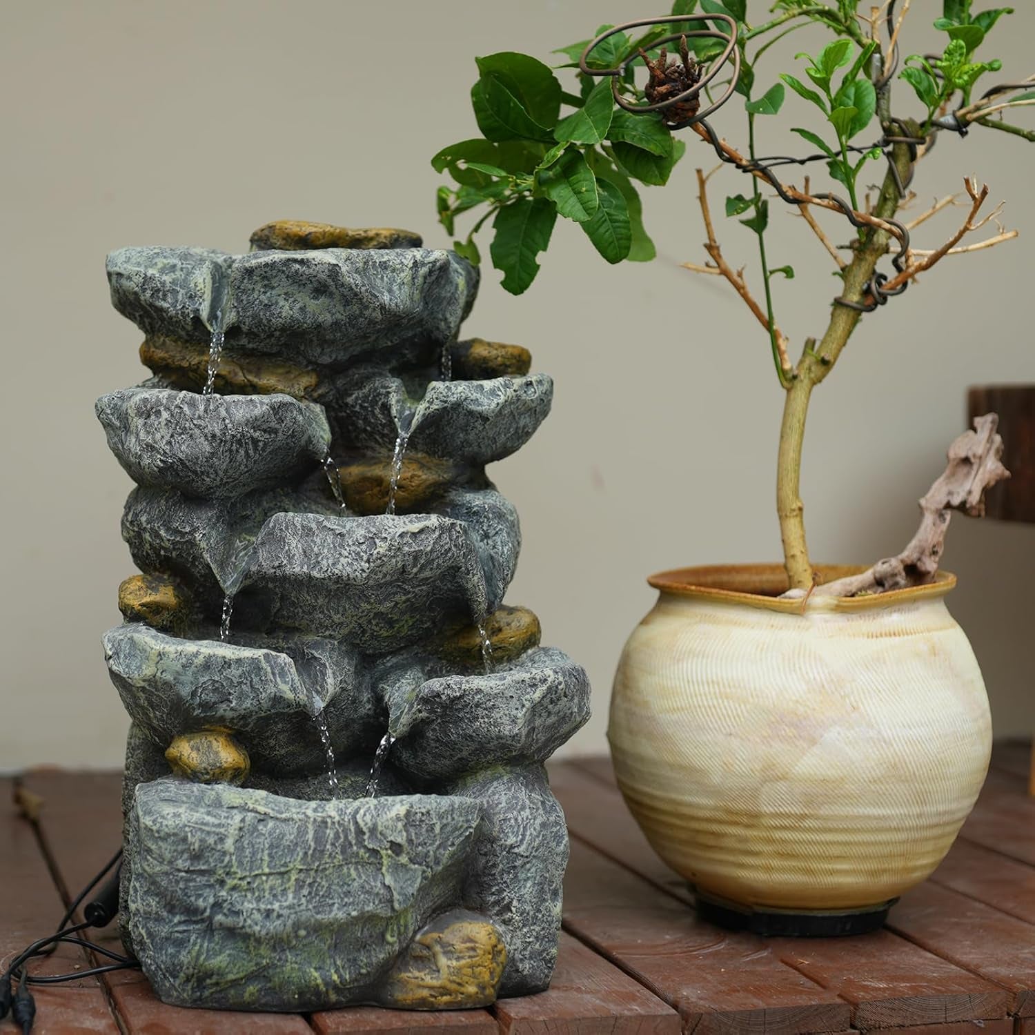 Solar Water Fountain Outdoor Garden, 24" H Cascading Stone Design 5 Tier Rock Feature Outdoor Fountains Waterfalls with Light, Pump Solar Panel for Patio, Deck, Porch, Backyard Home Décor