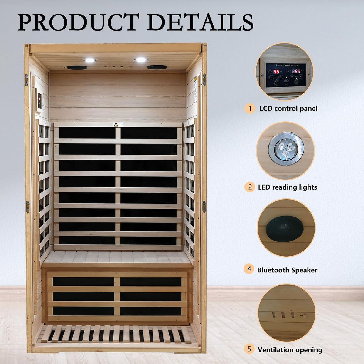 2 Person Sauna with Side Glass Window, Low EMF Indoor Infrared Saunas for Home, 1500W Hemlock Wood Personal Sauna with 5 Heating Panels, Blue-Tooth, 2 LED Reading Lamps, Control Panel