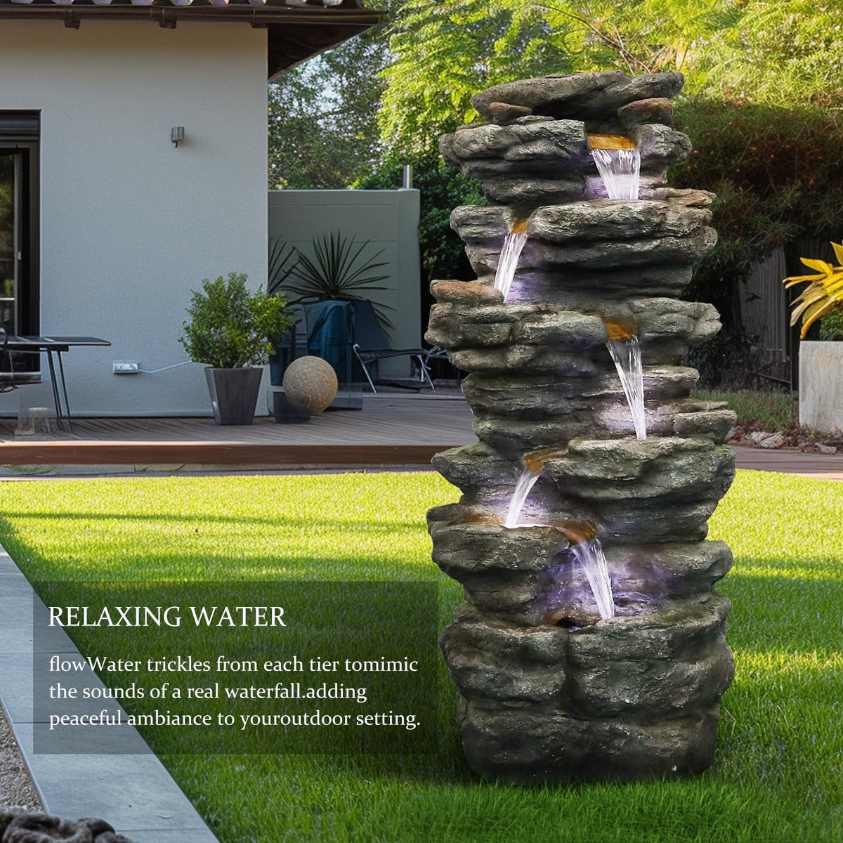 40" High 6-Tiers Cascading Rock Outdoor Water Fountain with LED Lights - Large Outdoor Fountains and Waterfalls for Garden or Patio, Yard, and Deck Decor, Featuring Natural Stone Look