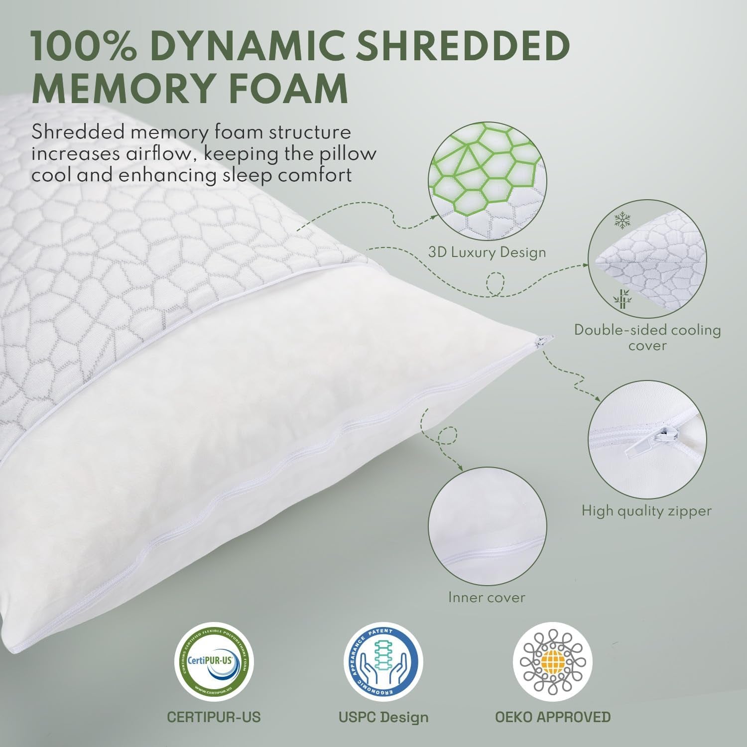 Pillows Queen Size Set of 2 - Cooling Shredded Memory Foam Pillow for Sleeping 2 Pack, Adjustable Cool Bed Pillows for Side, Back, and Stomach Sleepers, Gel Pillow Washable Removable Cover