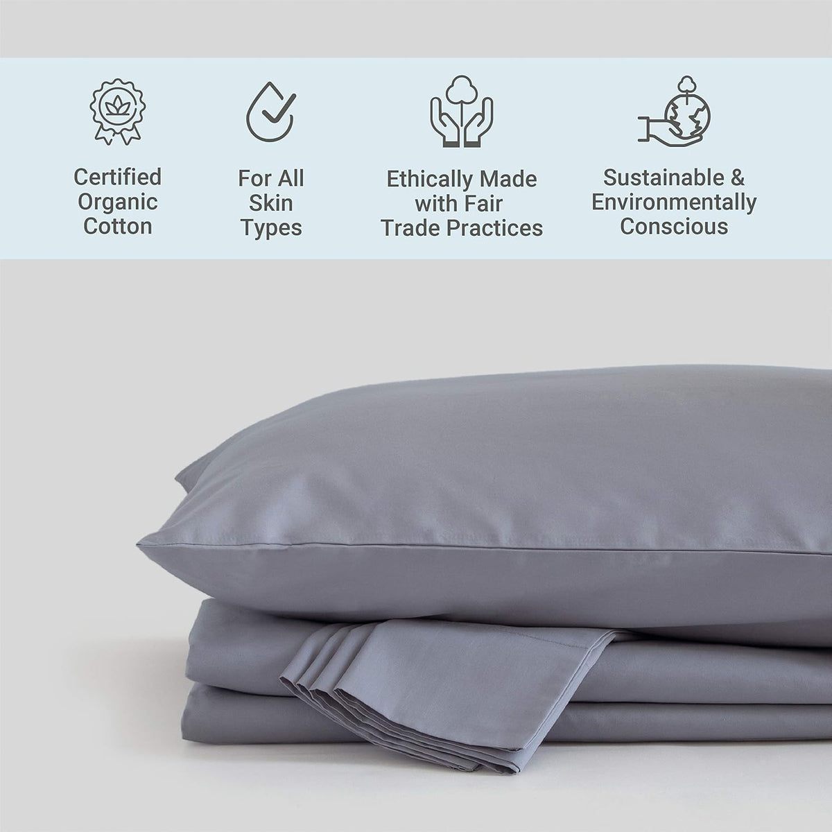 100% Organic Cotton Percale Weave Full Size Sheet Set, 300 TC, GOTS Certified, Cool & Crisp, Breathable, Fits Mattresses up to 17" Deep, Durable Luxury – Light Gray