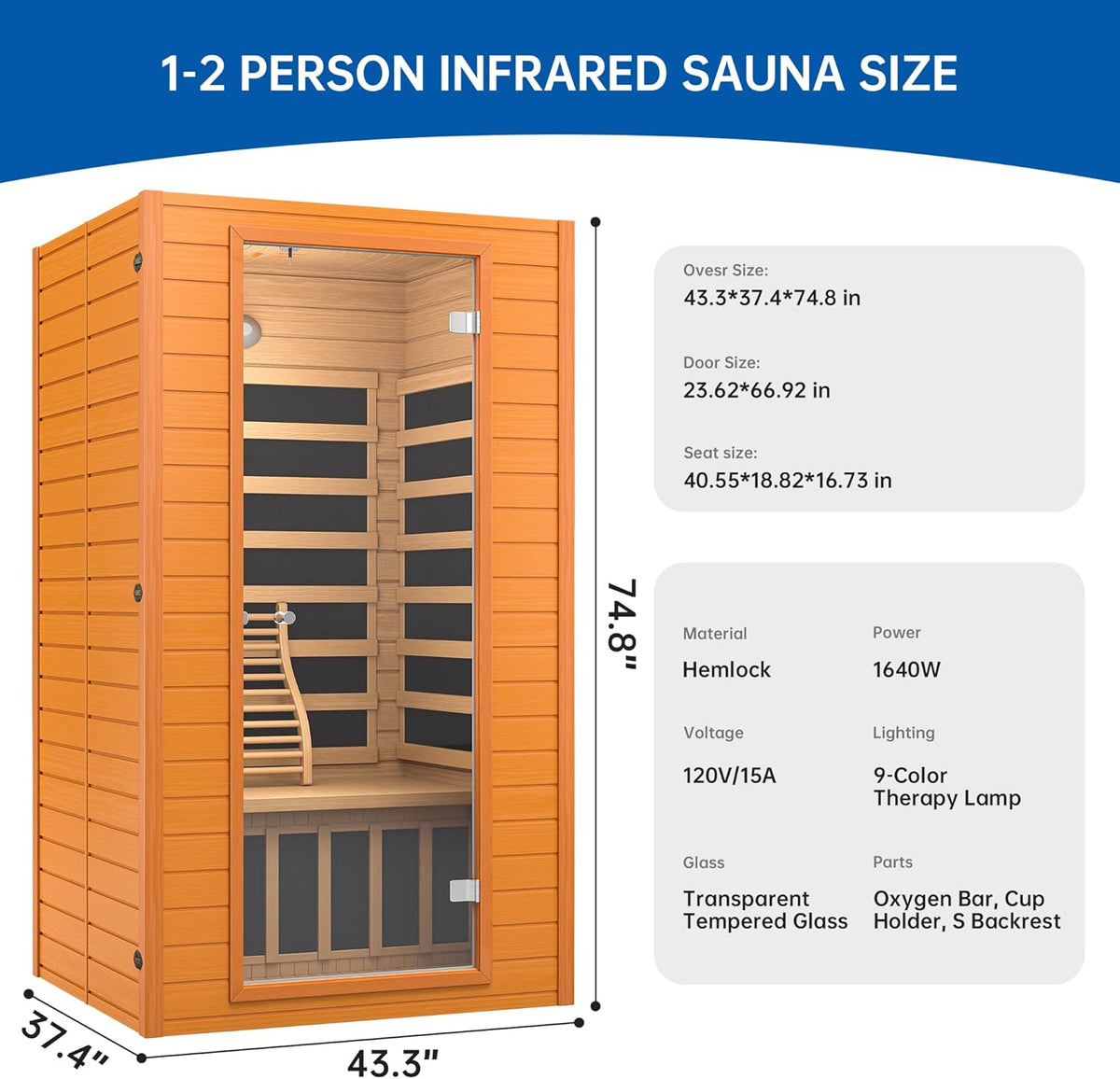 Infrared Sauna for Home, near Zero EMF Home Saunas for up to 2 Person, Indoor Dry Heat Sauna Room with Infrared Red Light Therapy, Bluetooth Speakers, Canadian Hemlock Wood