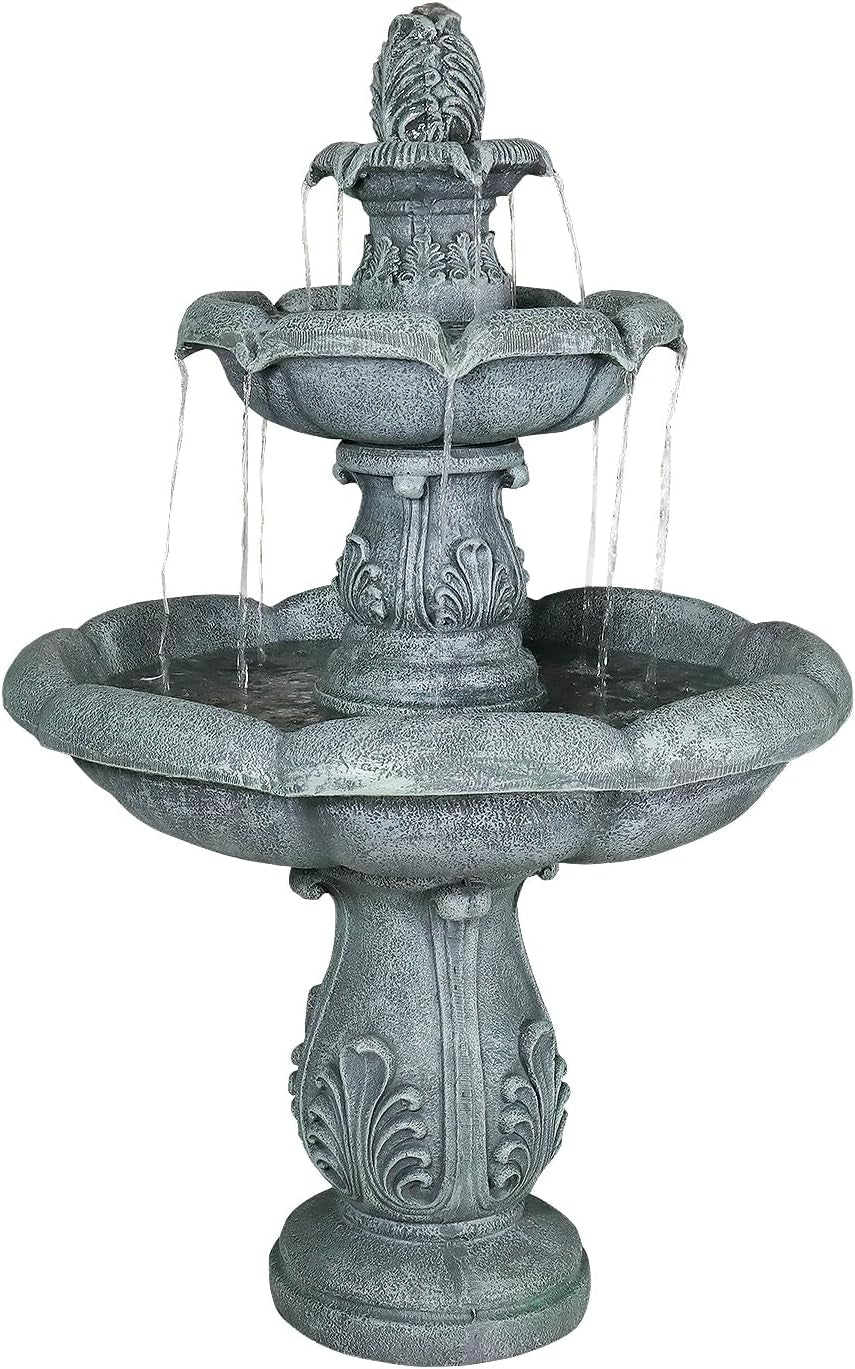 48" High 3-Tiers Modern Concrete Outdoor Water Fountain - round Large Outdoor Fountains and Waterfalls for Garden, Patio, Yard, and Deck Decor, Featuring Natural Stone Look (Grey, 48 Inch)