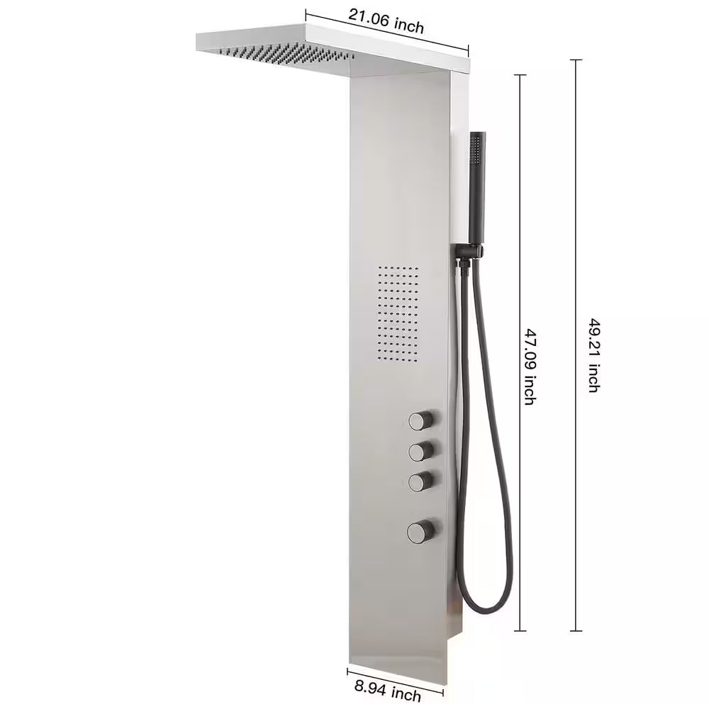 1-Jet Rainfall Shower Tower Shower Panel System with Rainfall Waterfall Shower Head and Shower Wand in Brushed Nickel