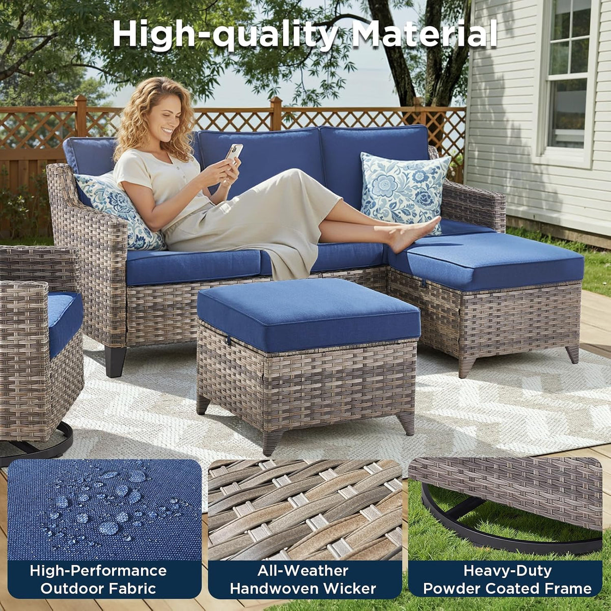 Outdoor Patio Furniture Set-5 Pieces All-Weather Wicker Outdoor Furniture with Swivel Patio Chairs Outdoor Patio Conversation Sets for Garden Porch Deck Grey/Blue