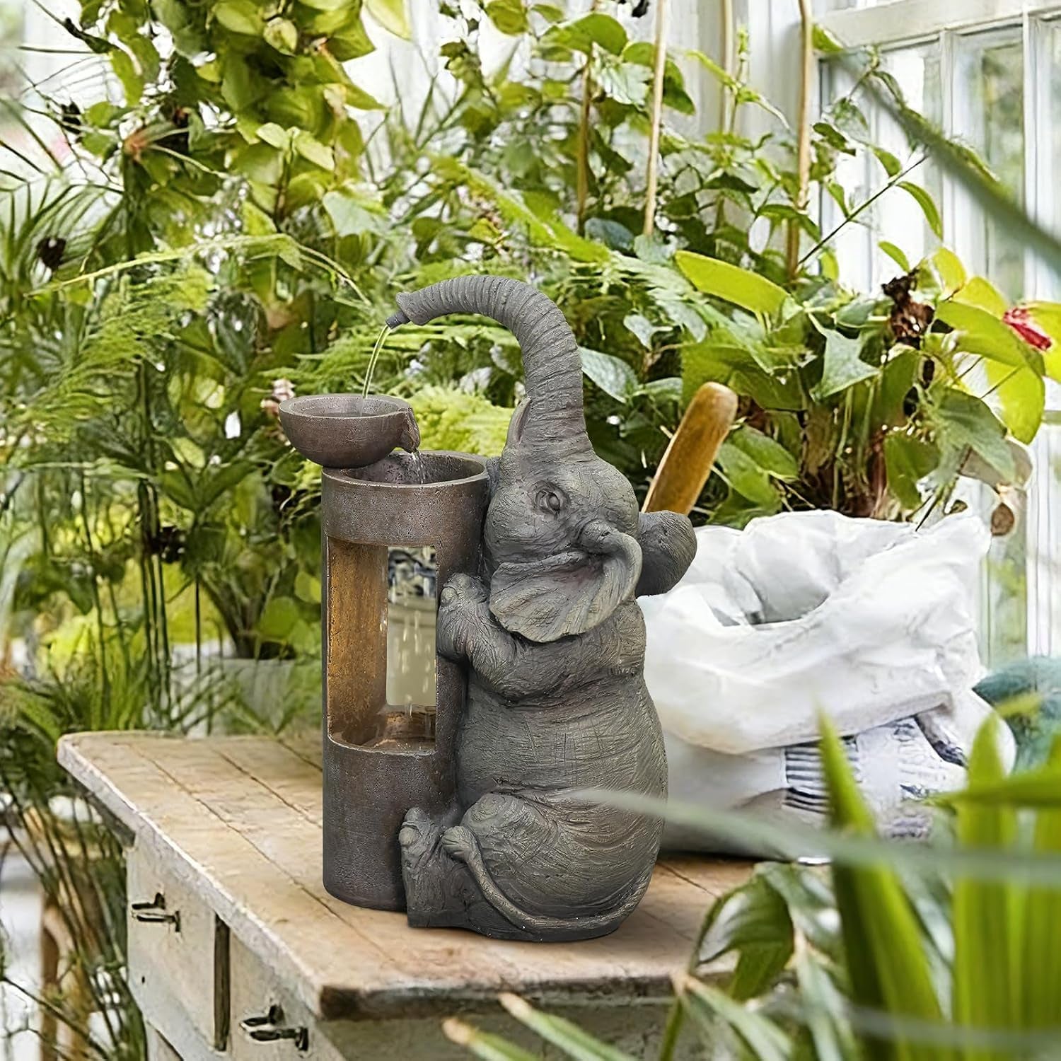 Elephant Waterfall Fountain for Indoor Desktop & Outdoor Use Small Garden Water Feature with LED Light Quiet Mini Cute Table Water Fountains for Patio, Yard, Home Decor