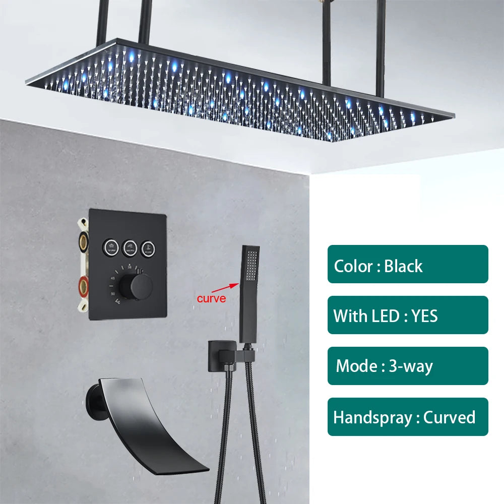 Ceiling Shower Faucet Big Rainfall LED Shower Head Concealed Shower System Black Embedded Shower