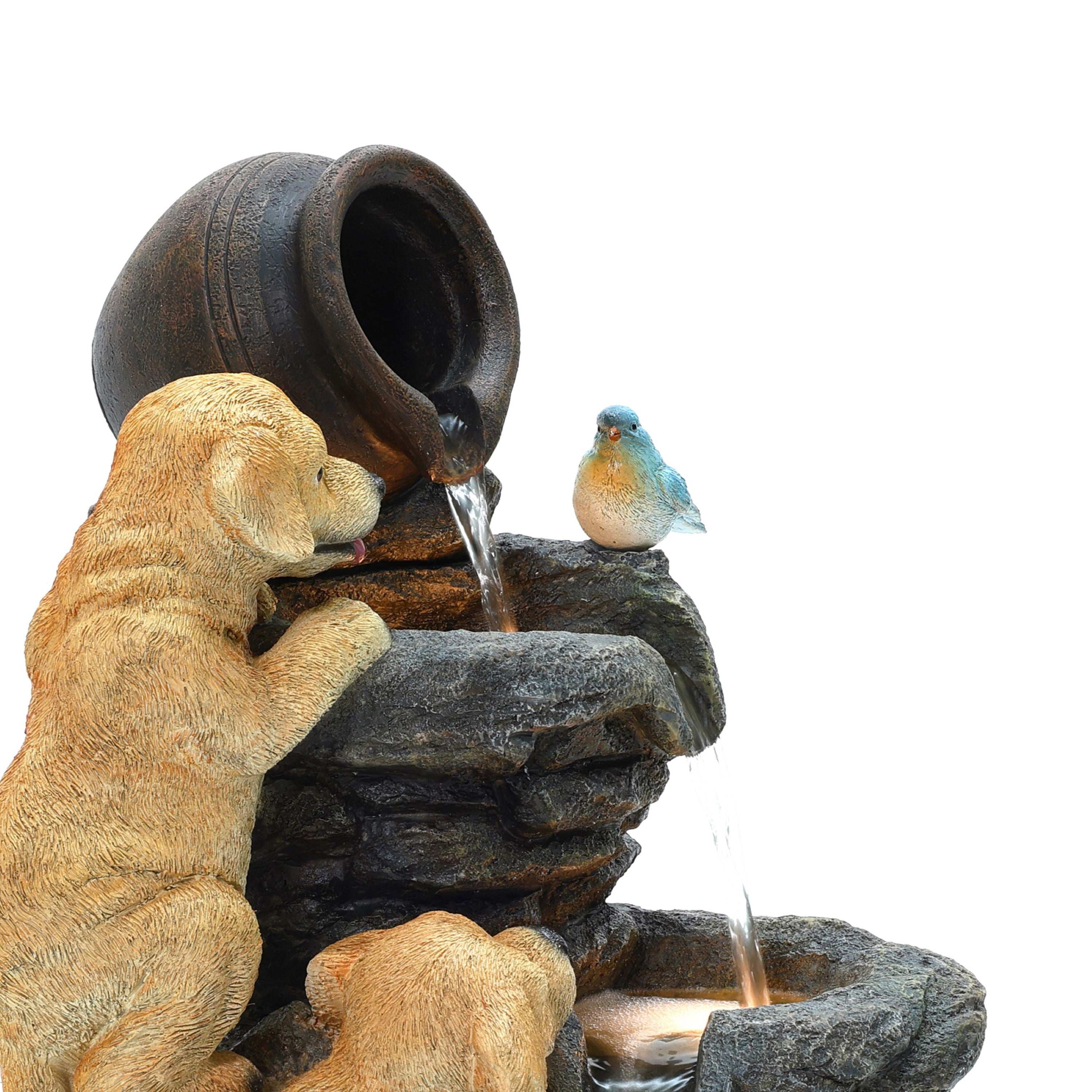 Outdoor Water Fountain, 26" Puppy and Rock Resin Water Fountains Indoor with LED Lights