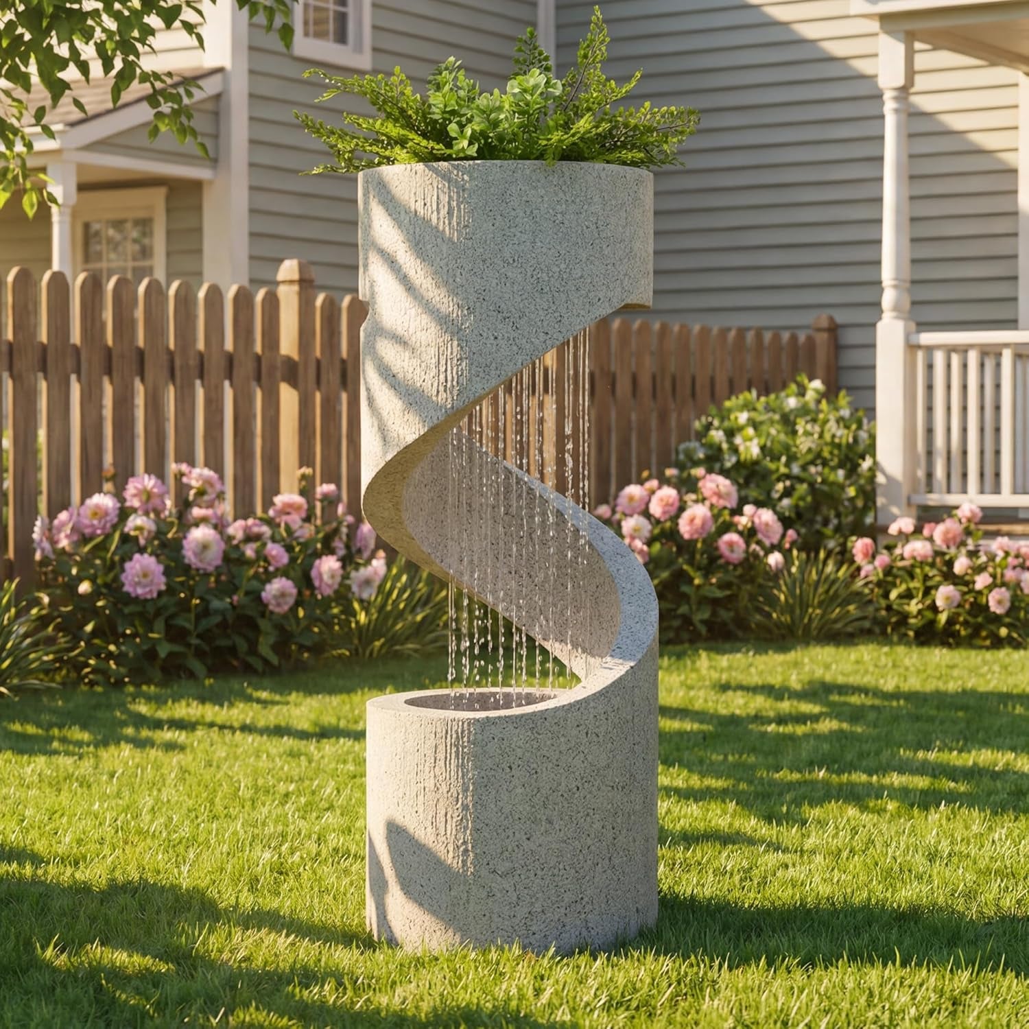Outdoor Water Fountain with LED Light, Decorative Tiered Curved Waterfall Fountain with Stone Planter, Faux Terrazzo Spiral Shaped Outdoor Fountains for Garden Deck Patio Porch, 31.25”H