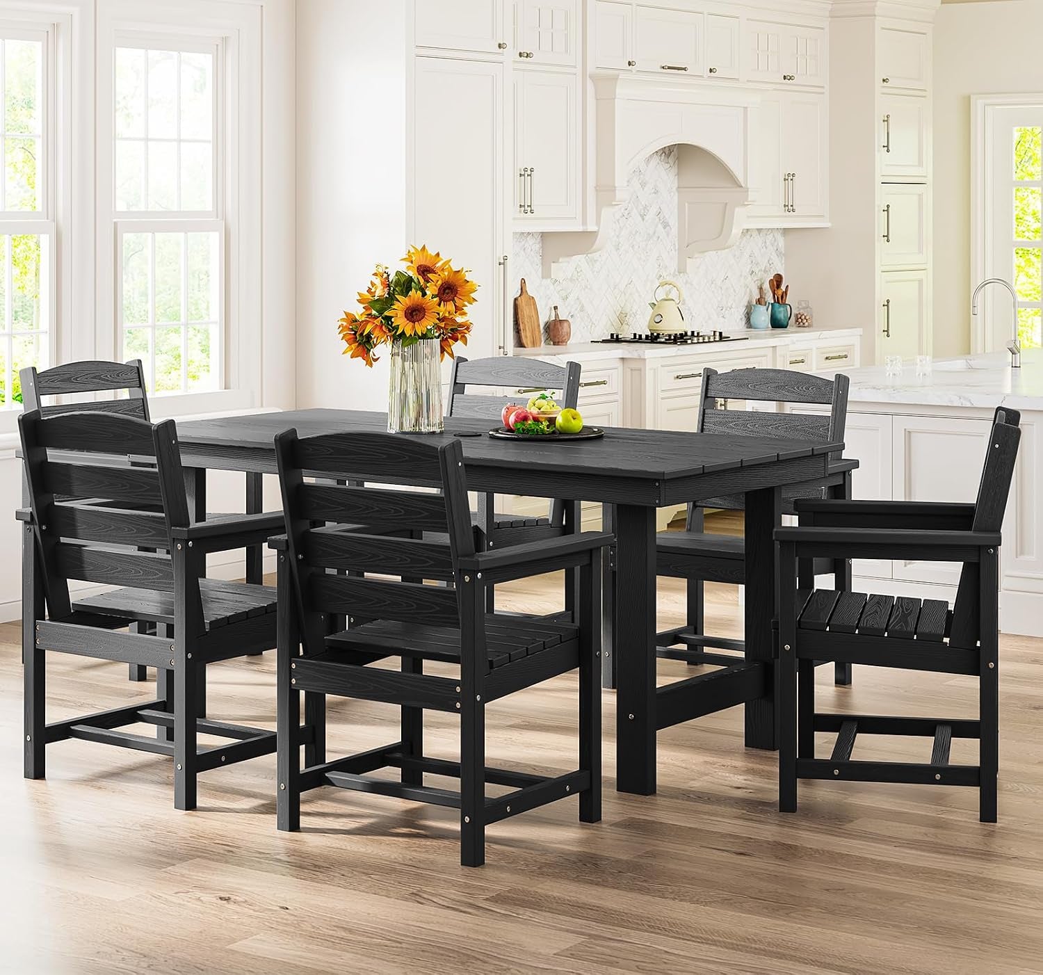 7 Pcs Outdoor Dining Set, 67" HDPE Dining Set for 6, Black