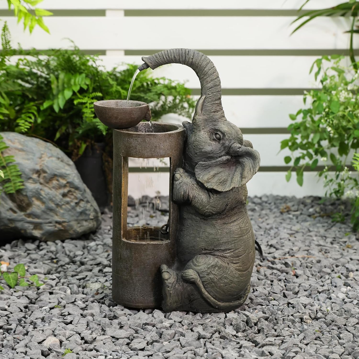 Elephant Waterfall Fountain for Indoor Desktop & Outdoor Use Small Garden Water Feature with LED Light Quiet Mini Cute Table Water Fountains for Patio, Yard, Home Decor