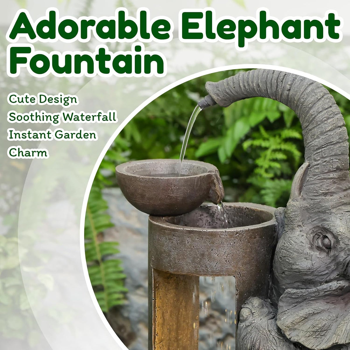 Elephant Waterfall Fountain for Indoor Desktop & Outdoor Use Small Garden Water Feature with LED Light Quiet Mini Cute Table Water Fountains for Patio, Yard, Home Decor