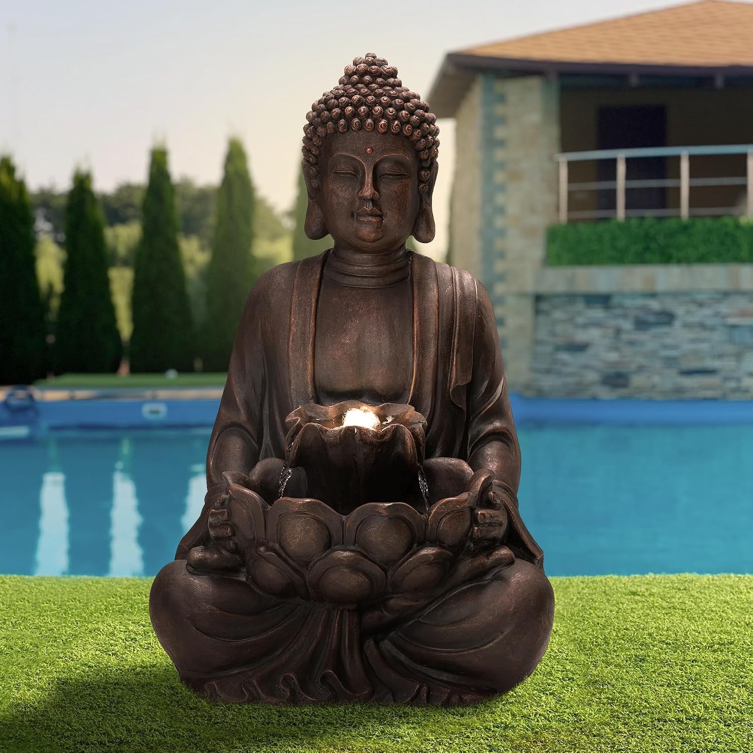 Buddha Fountain with Pump & LED Light, 2 Tier Zen Style Meditating Buddha Water Fountain Outdoor Fountains and Waterfalls Floor Fountains Buddhas Statues for Garden Patio Backyard 23.25" H