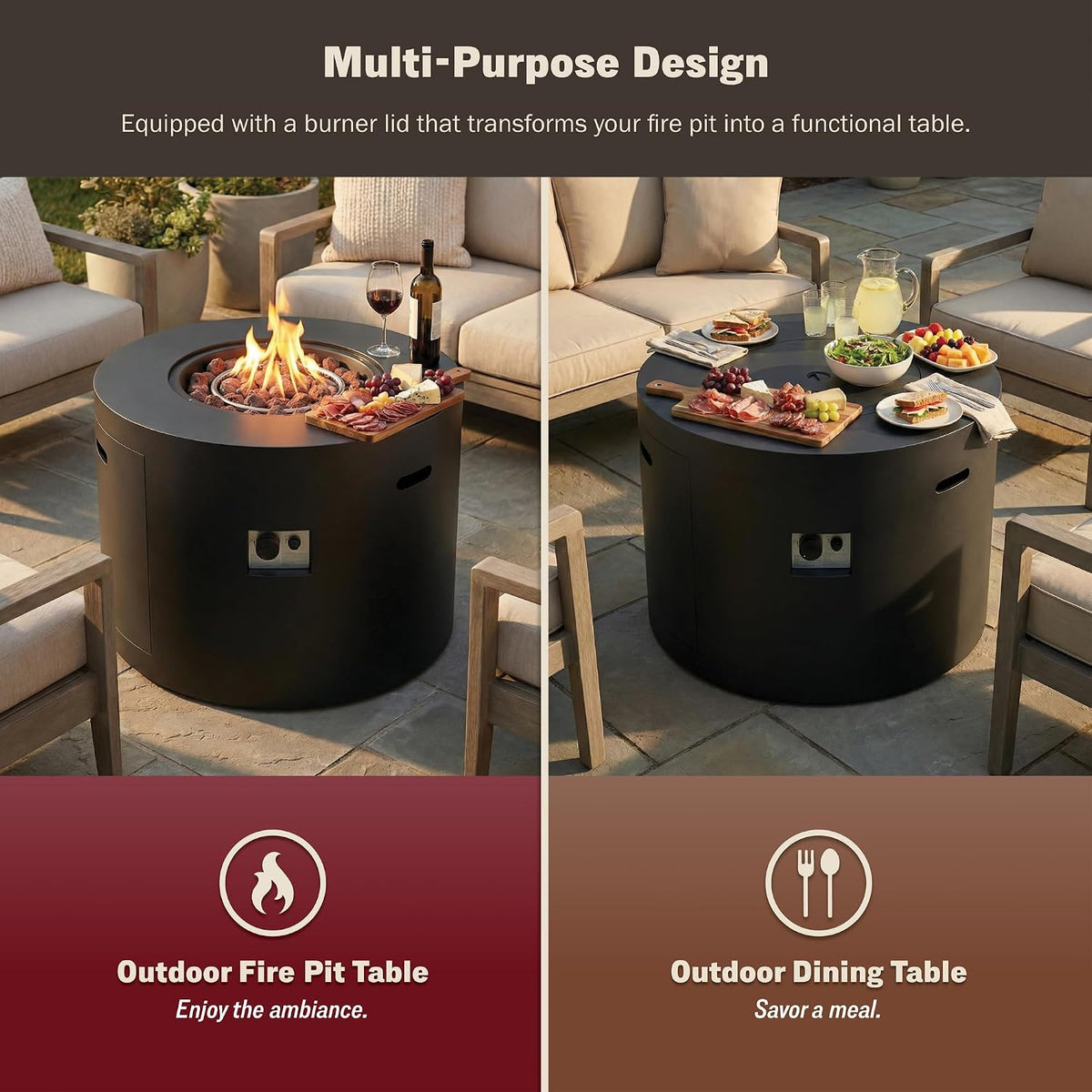 32" Propane Fire Pit Table round Smokeless W/Lid Alloy Steel Outdoor Gas Firepit Table 50,000 Btus Includes Lava Rocks and Weatherproof Cover for Wooden Deck Backyard and Pool (Black)
