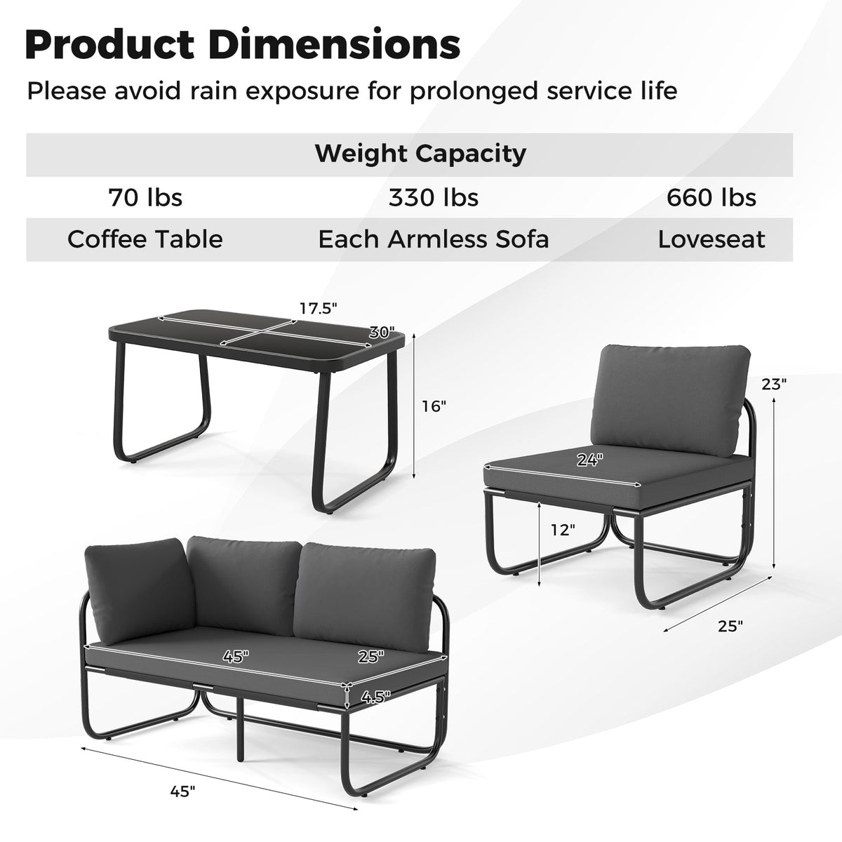 4 Pieces Patio Furniture Set with Cushions and Coffee Table-Gray