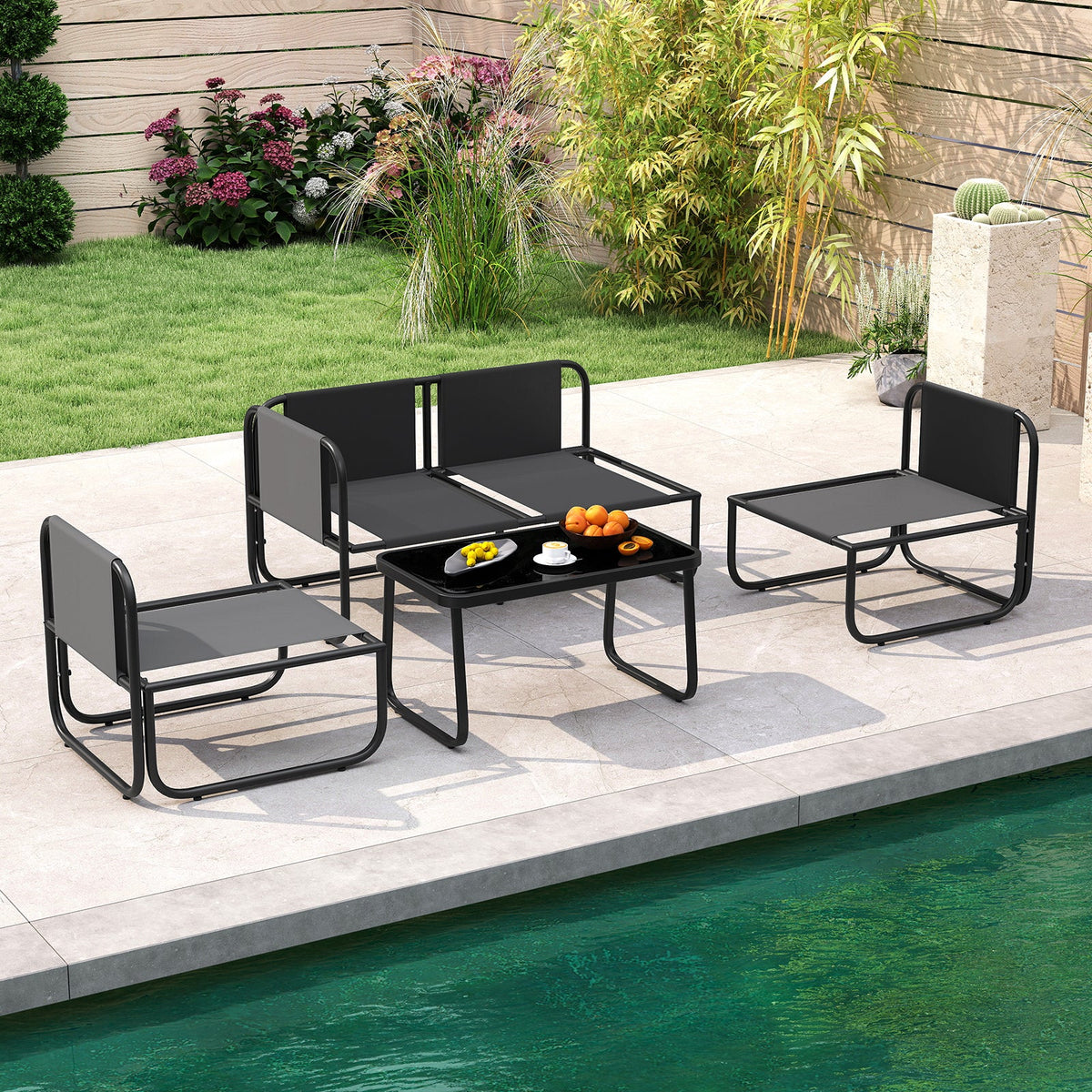 4 Pieces Patio Furniture Set with Cushions and Coffee Table-Gray