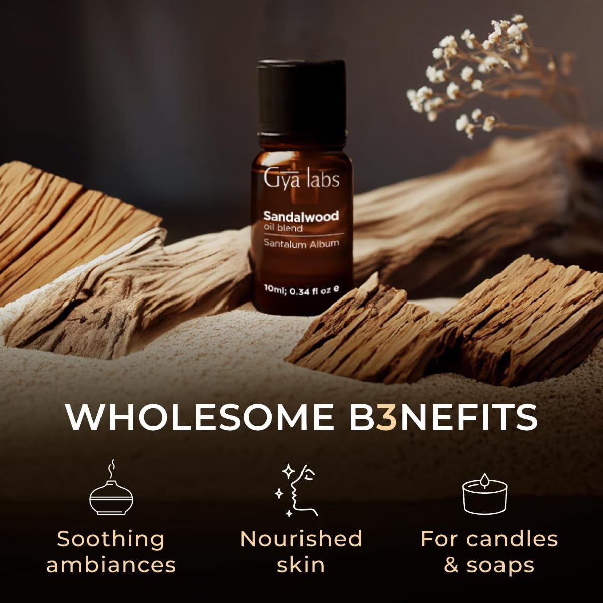 Sandalwood Essential Oils for Diffuser, Natural Sandalwood Oil for Hair, Skin, Massage, & Perfume -0.34 Fl Oz