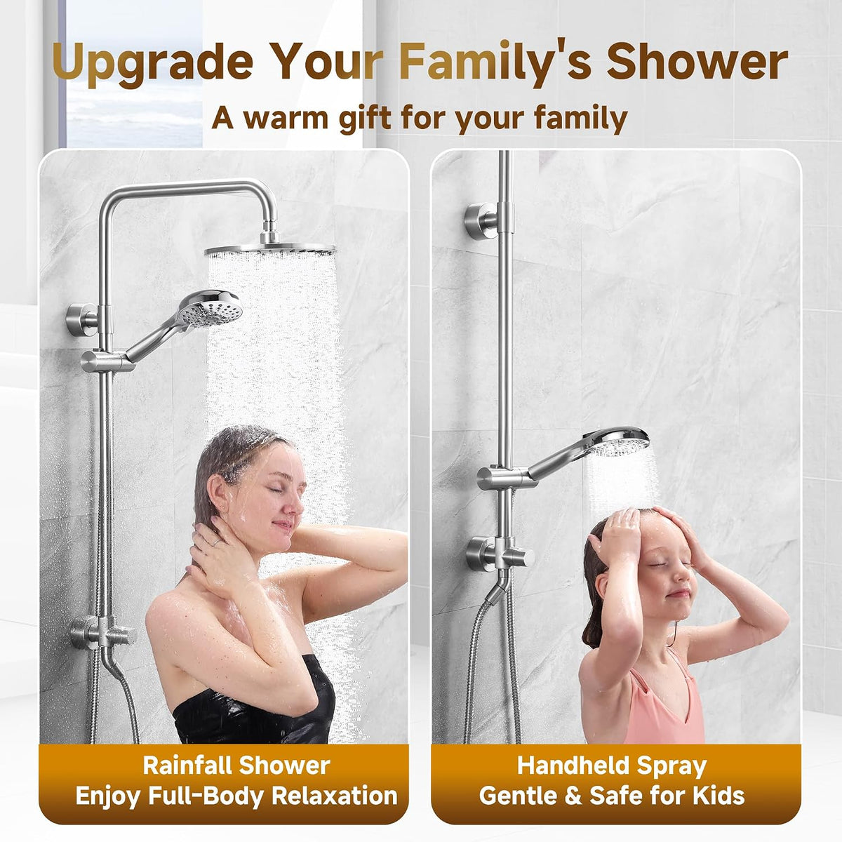 Rain Shower Heads System Including Rainfall Shower Head and Handheld Shower Head with Height Adjustable Holder, Solid Brass Rail, 60 Inch Long Stainless Steel Shower Hose, Chrome
