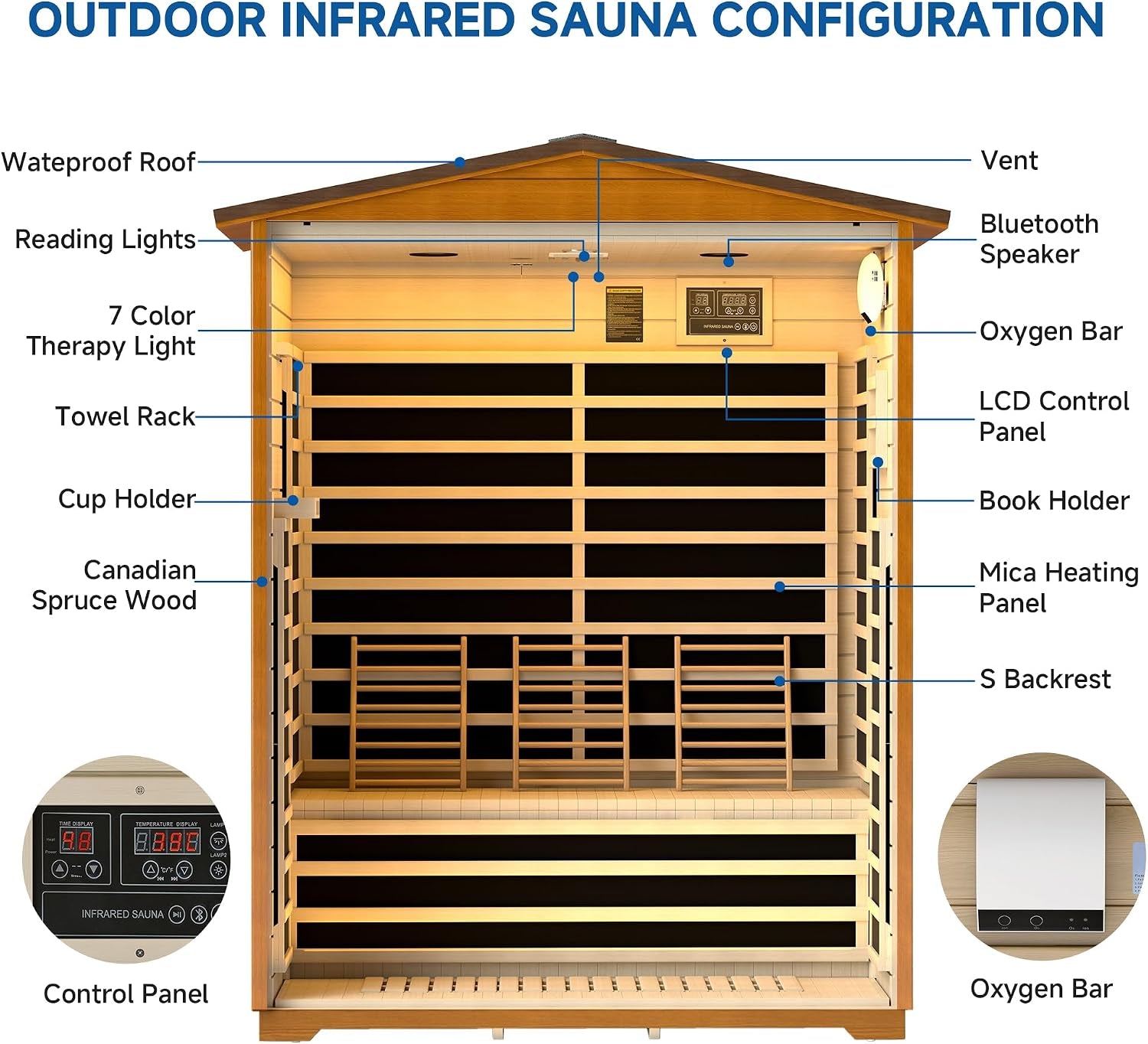 3 Person Outdoor Sauna, Low EMF Infrared Sauna, 7-Color Therapy