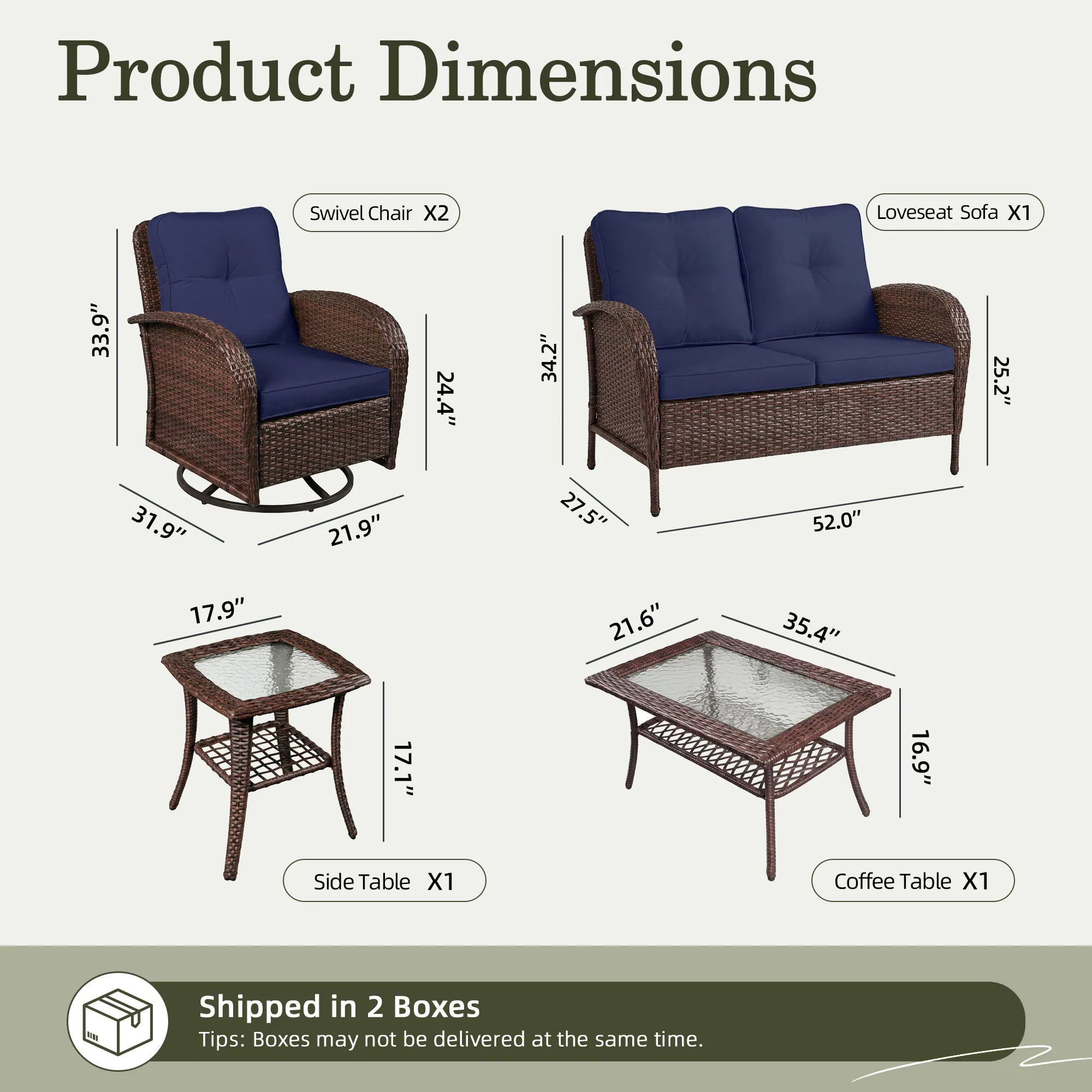 5 -Piece Wicker Patio Conversation Set with Navy Cushions Included