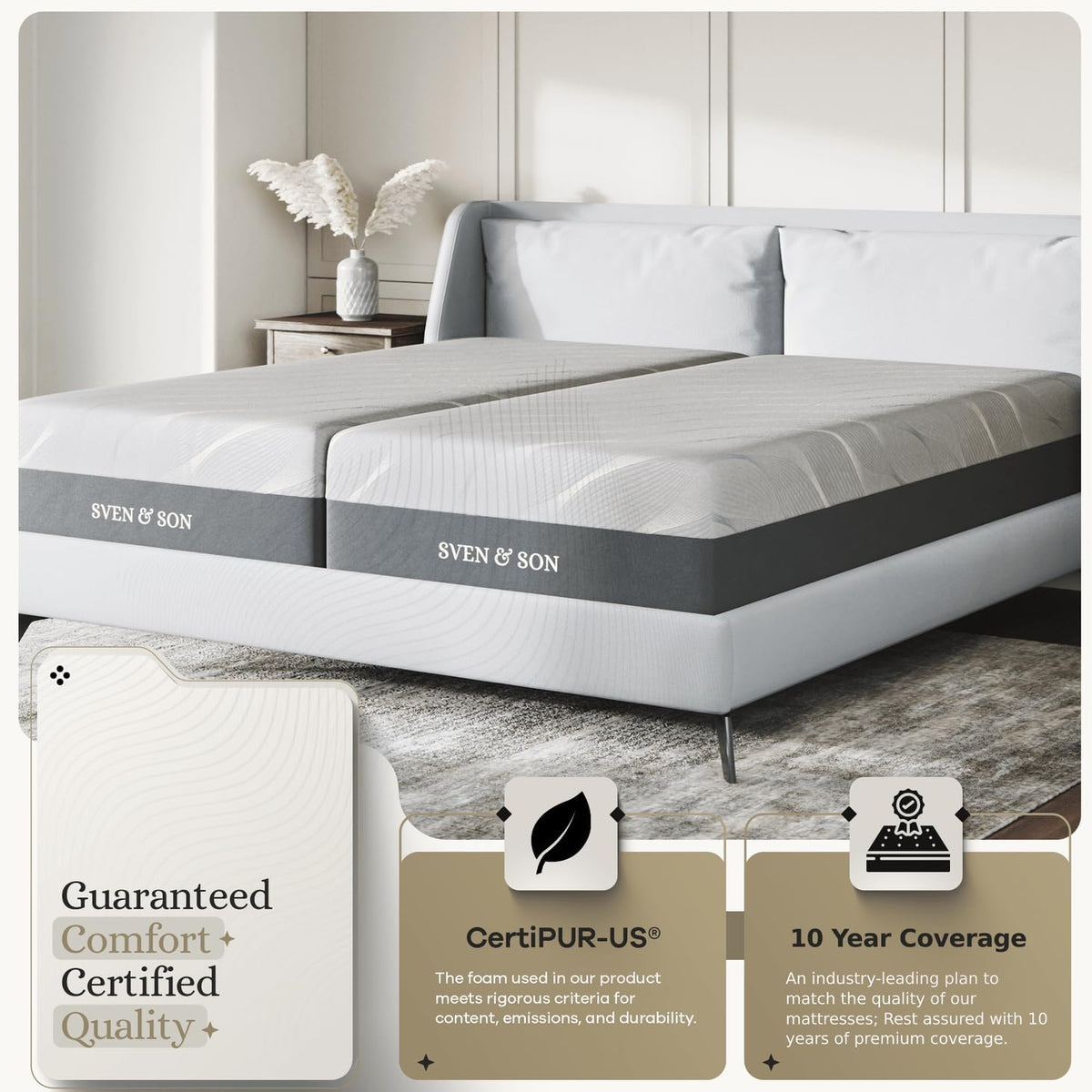 Sven & Son Gel Memory Foam Mattress, Premium Materials, Certipur-Us Certified Foam, Fiberglass-Free, Made in the USA, 12 Inch Medium - Split King