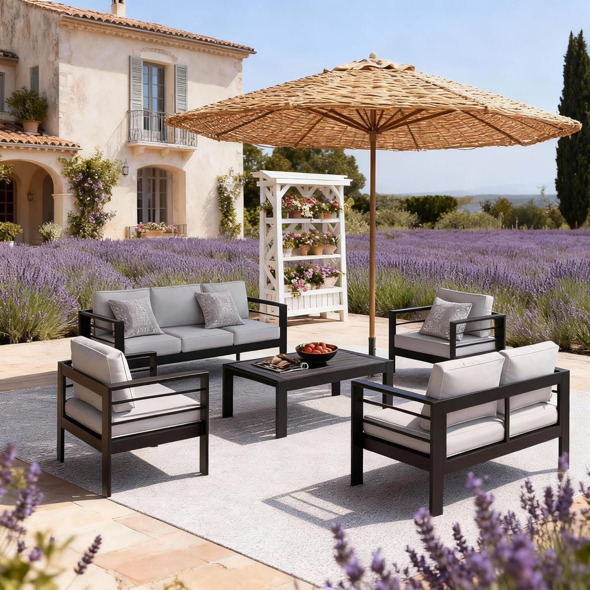 Patio Conversation Sets, Aluminum Outdoor Couch with Outdoor Coffee Table, All-Weather Metal Patio Couch with 5" Thick and Soft Cushion and Wide Arm, Outdoor Sofa Sets for Balcony, Porch, Light Gray