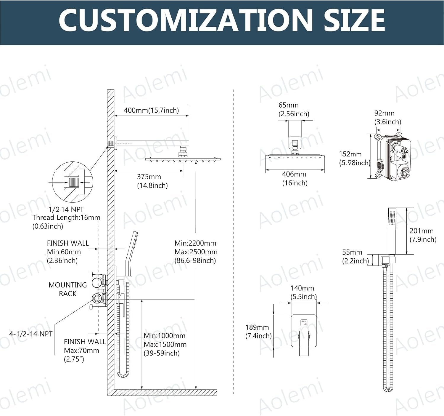 Shower Faucet Set with Valve Handheld 16" LED Head Brushed Nickel