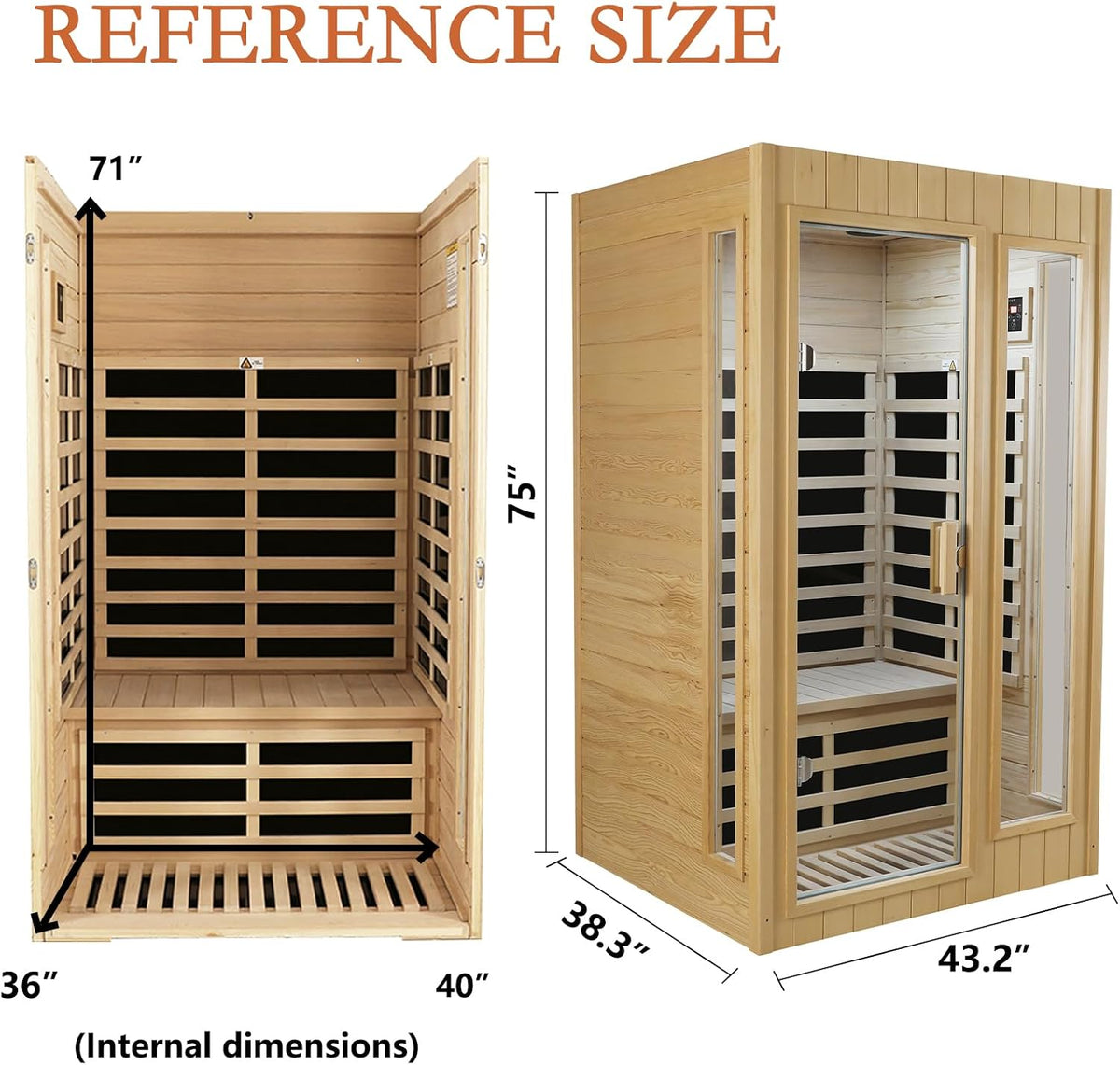 2 Person Sauna with Side Glass Window, Low EMF Indoor Infrared Saunas for Home, 1500W Hemlock Wood Personal Sauna with 5 Heating Panels, Blue-Tooth, 2 LED Reading Lamps, Control Panel