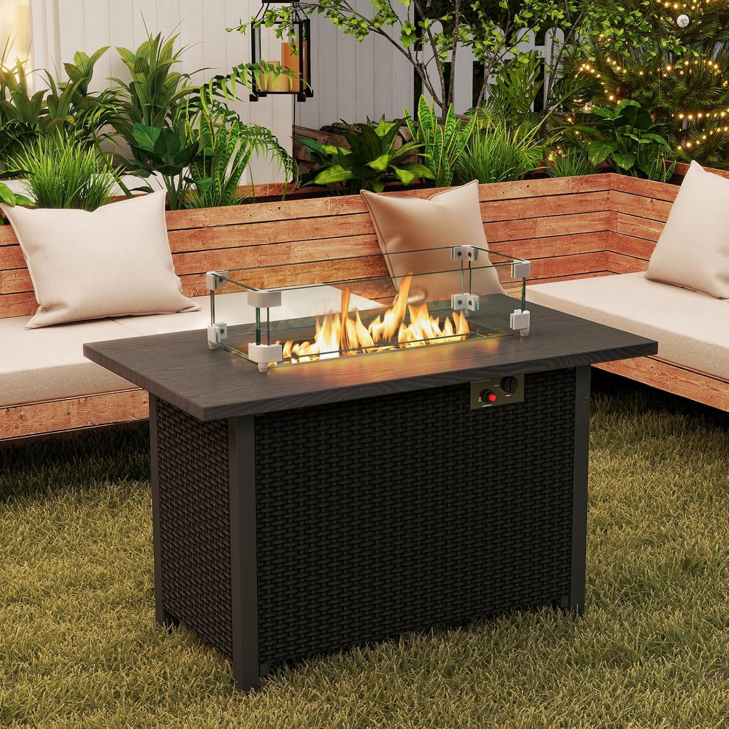 Outdoor Propane Fire Pit Table, 42 Inch Rectangular Rattan Fire Table with Wind Guard & Glass Rocks, 50,000 BTU Smokeless Gas Fire Pit for outside Patio (Black)