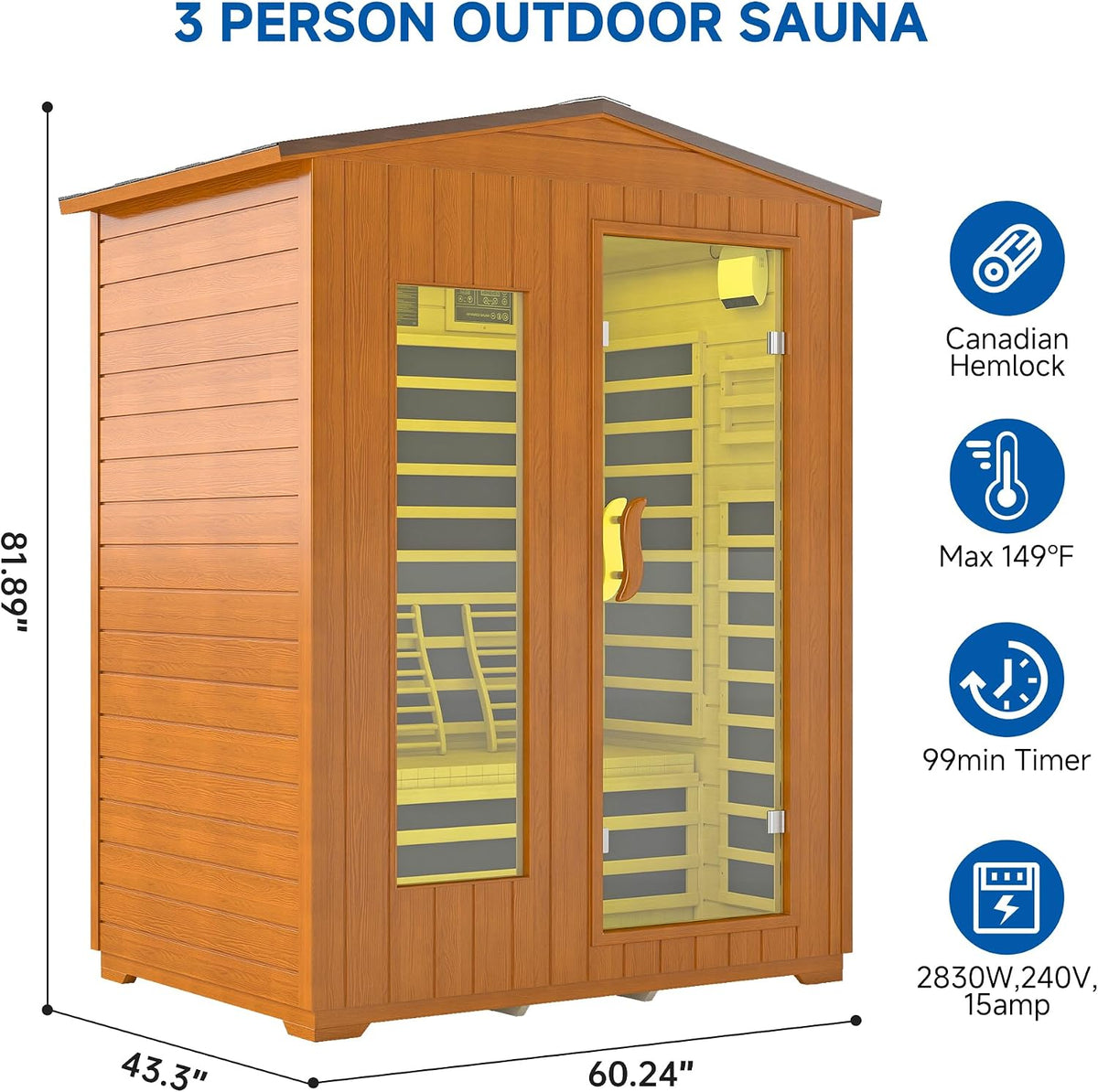 3 Person Outdoor Sauna, Low EMF Infrared Sauna, 7-Color Therapy