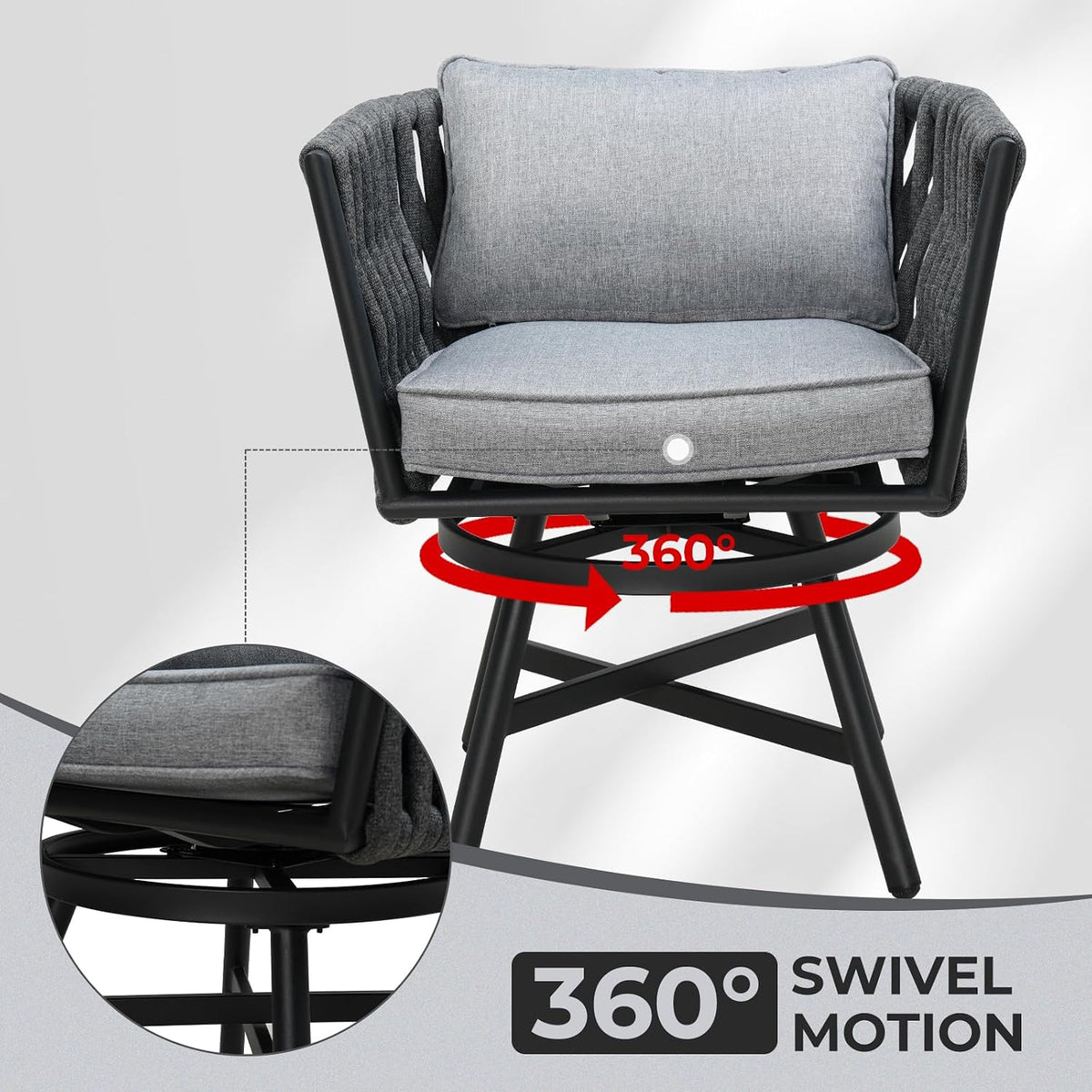 Swivel Dining Chairs Set of 2, Rope Patio Outdoor Chairs with Cushions, Heavy Duty Outdoor Patio Bistro Chairs for Lawn,Garden,Deck,Backyard,Porch and Balcony, Light Gray
