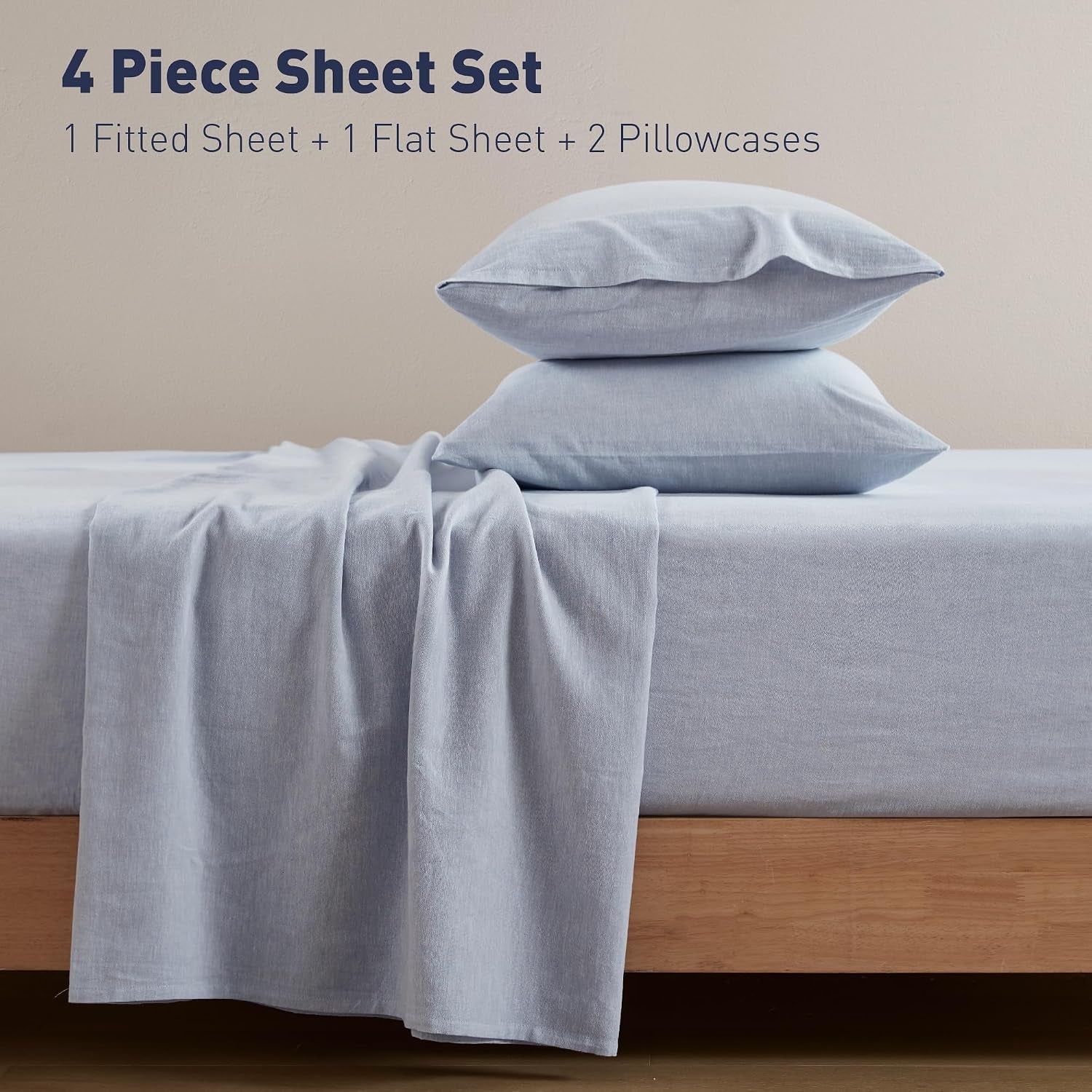 Luxurious Linen Cotton Sheet Set, Organic Linen Blend Bed Sheets - 15 Inches Deep Pocket, 4 Pcs French Flax Linen Bedding Set for All Seasons (King, Blue)