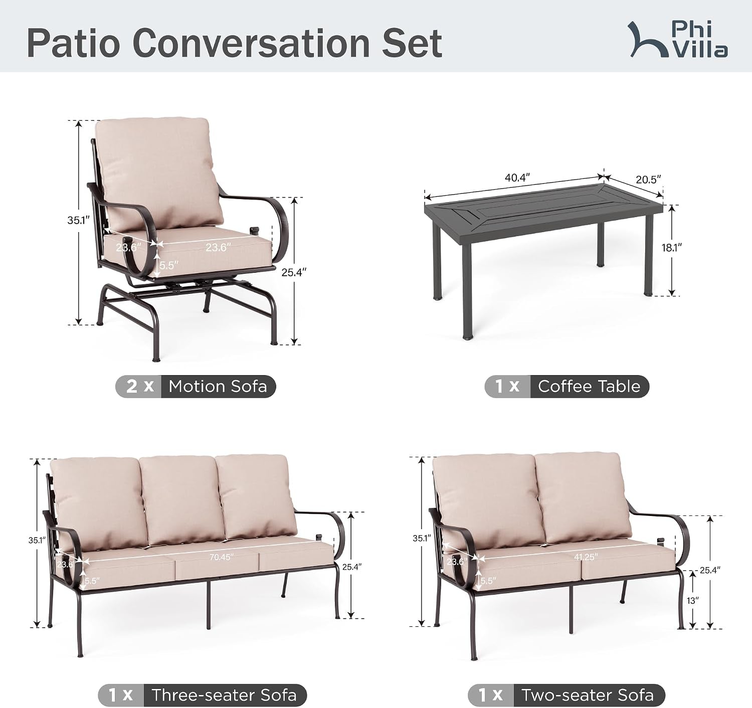 Extra Large Metal Patio Furniture Set with 2 Rocking Chairs
