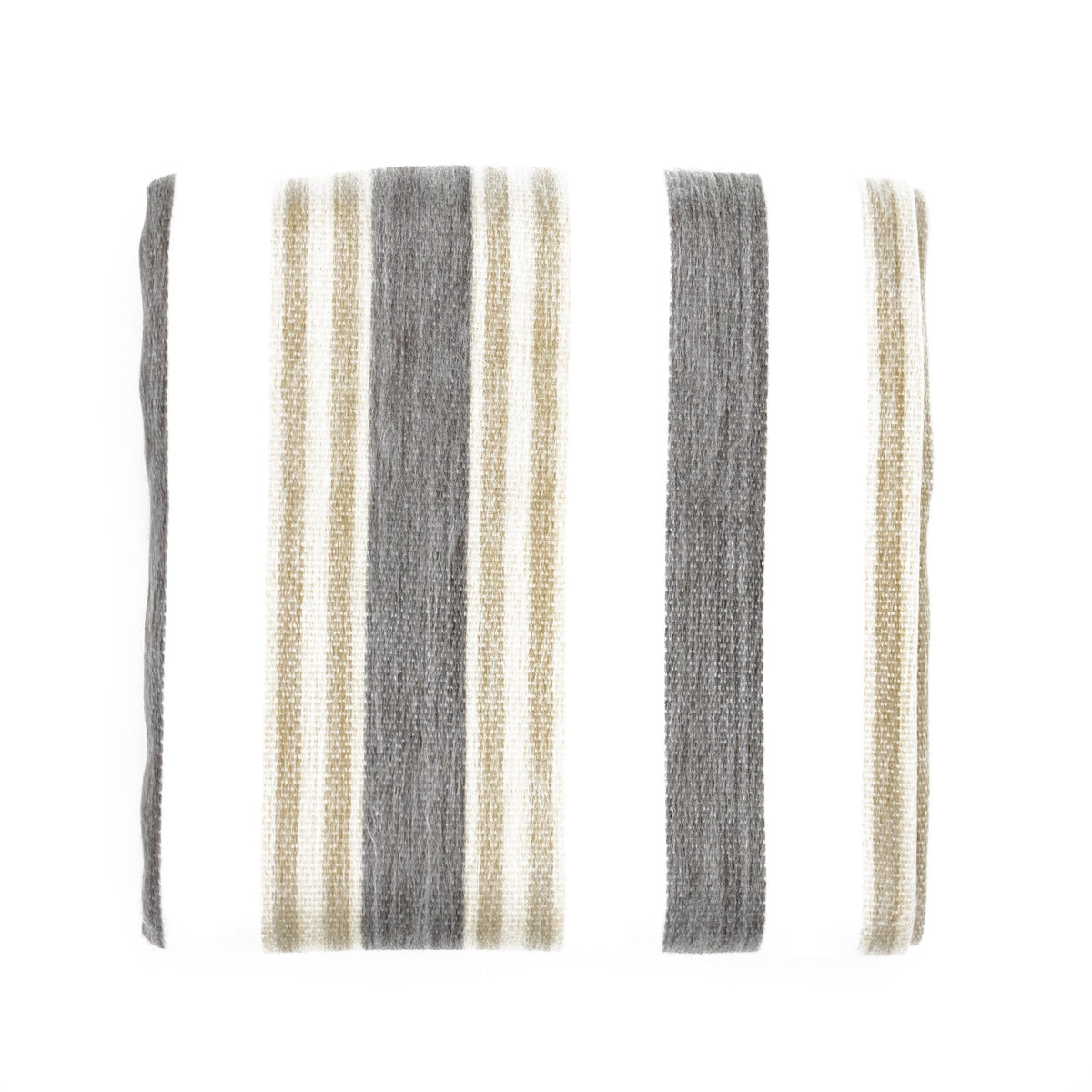 Flat-lay of cream camel grey striped alpaca weave on white