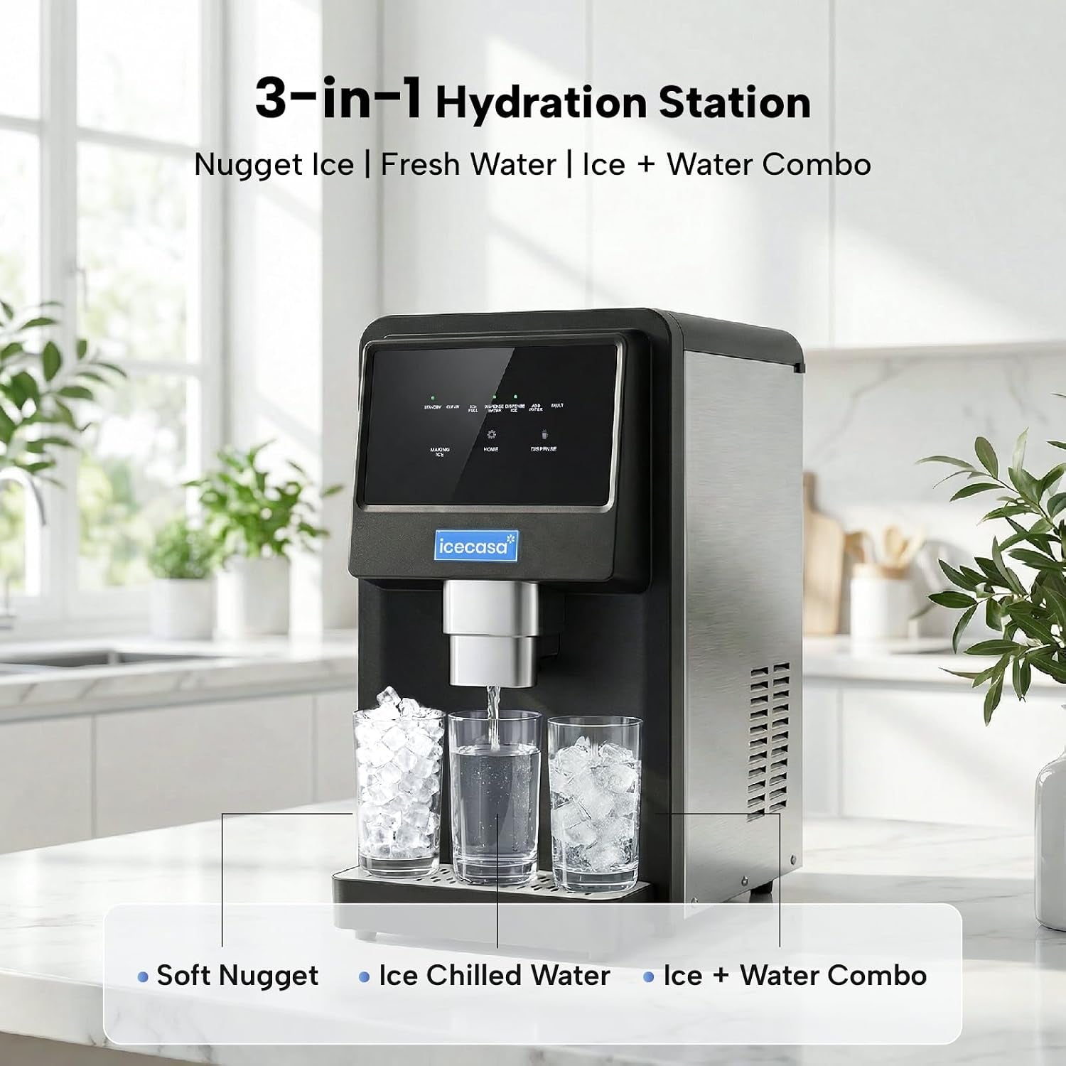 Commercial Nugget Ice Maker Countertop Touchless Paddle Dispensing, 80Lbs/24H Soft Chewable Ice Touch Screen, Dual Water Supply Tap or Bottle, ETL Certified for Motel Bar