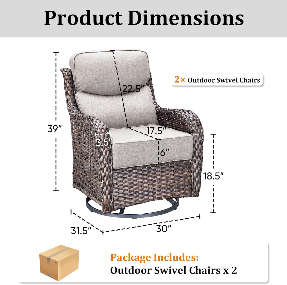 Luxury Outdoor Swivel Rocker Patio Chairs Set of 2 with 6-Inch Thick Cushions, High Back Swivel Patio Chairs Wicker Outdoor Gliders for Porch, Yard, Deck, Poolside, Brown/Beige