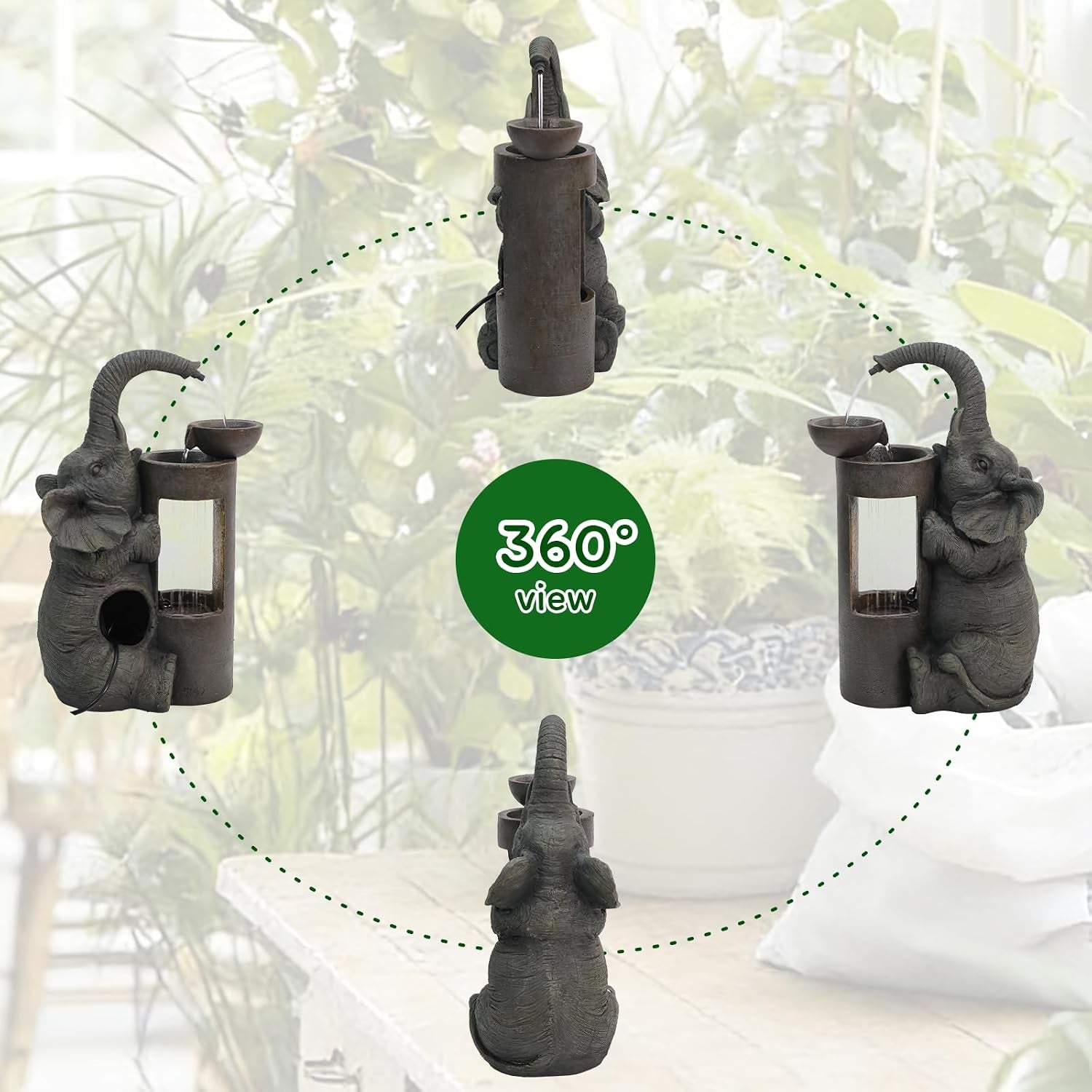 Elephant Waterfall Fountain for Indoor Desktop & Outdoor Use Small Garden Water Feature with LED Light Quiet Mini Cute Table Water Fountains for Patio, Yard, Home Decor
